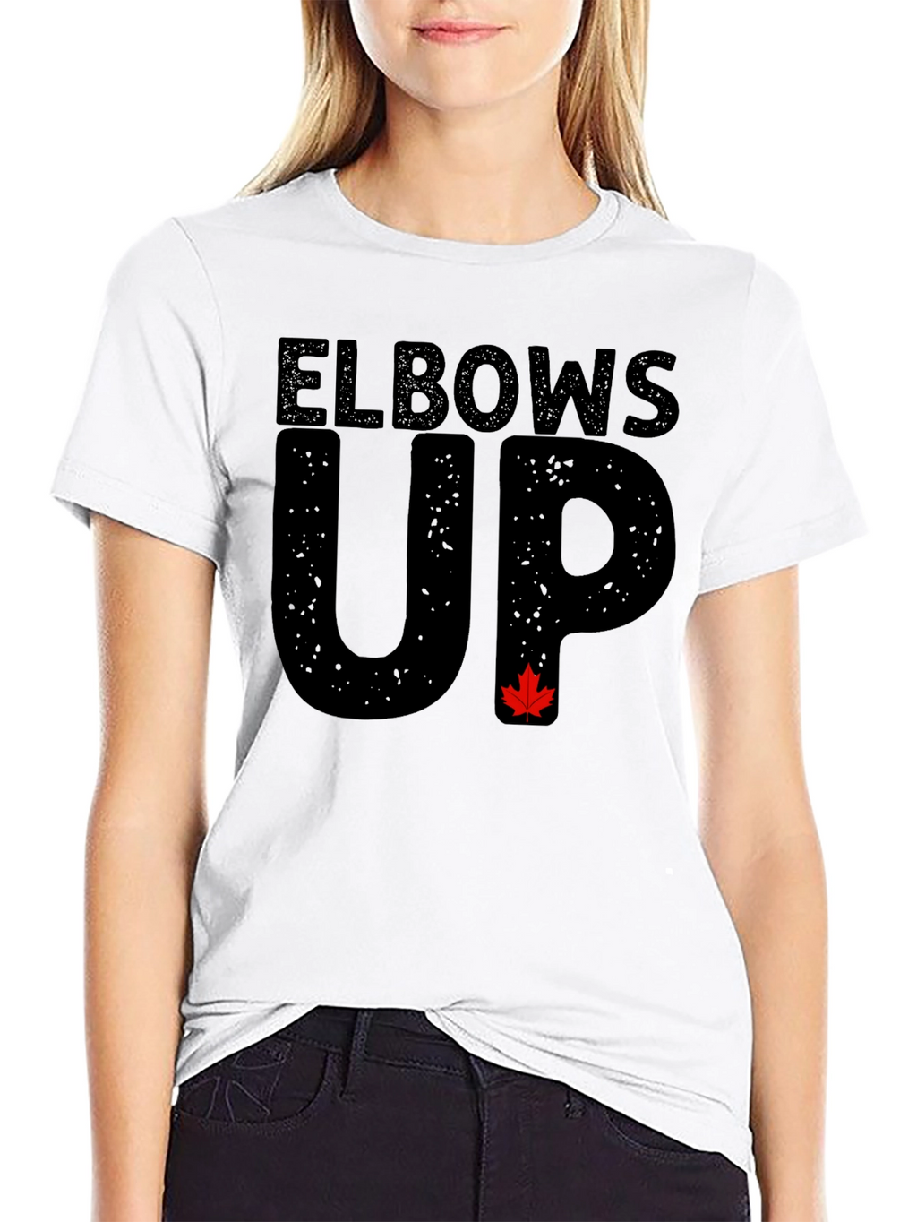 Elbows Up Black T-Shirt with Maple Leaf Accent
