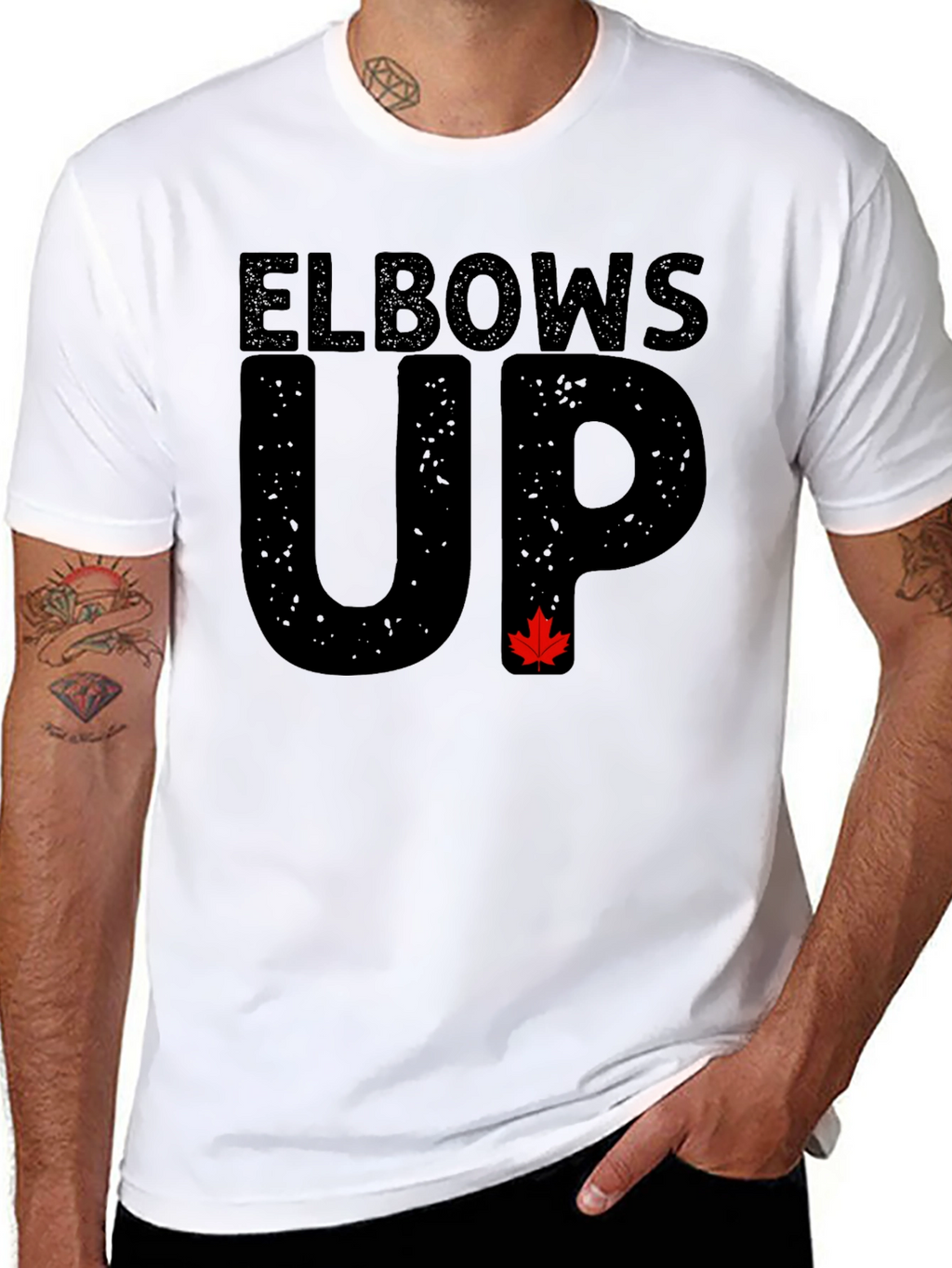 Elbows Up Black T-Shirt with Maple Leaf Accent