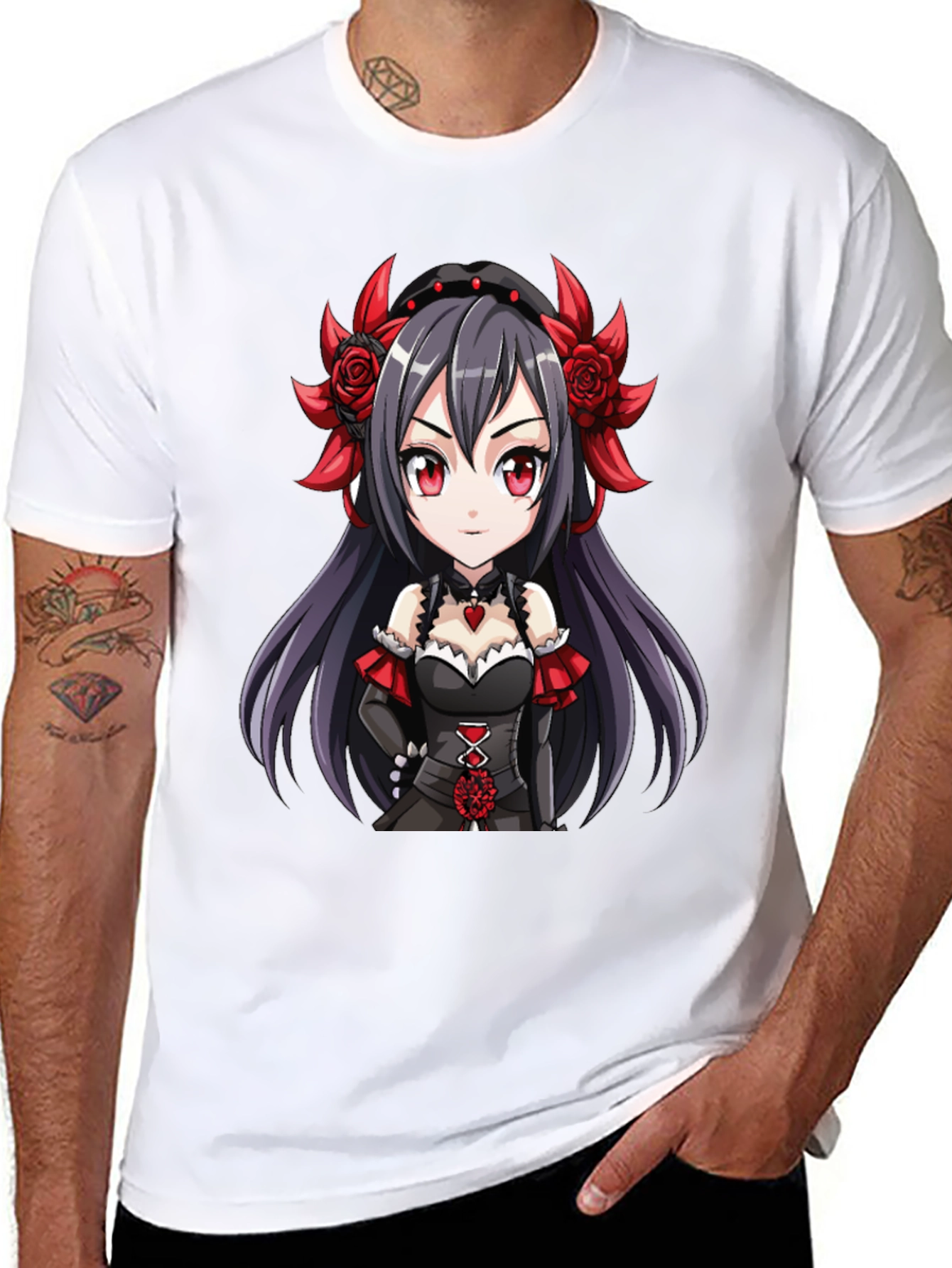 Anime Girl Graphic Tee - Gothic Red Rose Chibi T-Shirt