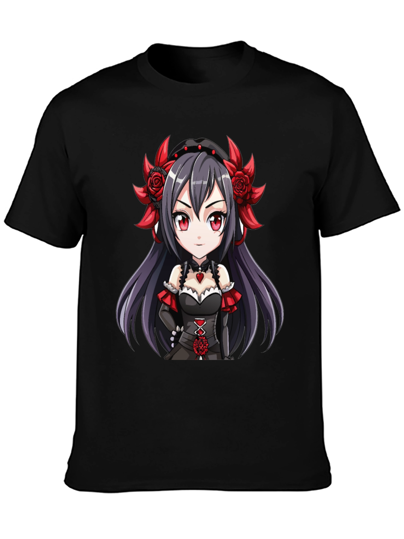 Anime Girl Graphic Tee - Gothic Red Rose Chibi T-Shirt