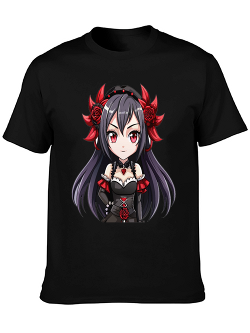 Anime Girl Graphic Tee - Gothic Red Rose Chibi T-Shirt