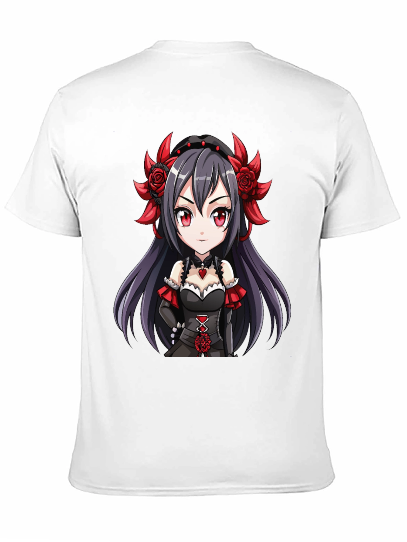 Anime Girl Graphic Tee - Gothic Red Rose Chibi T-Shirt