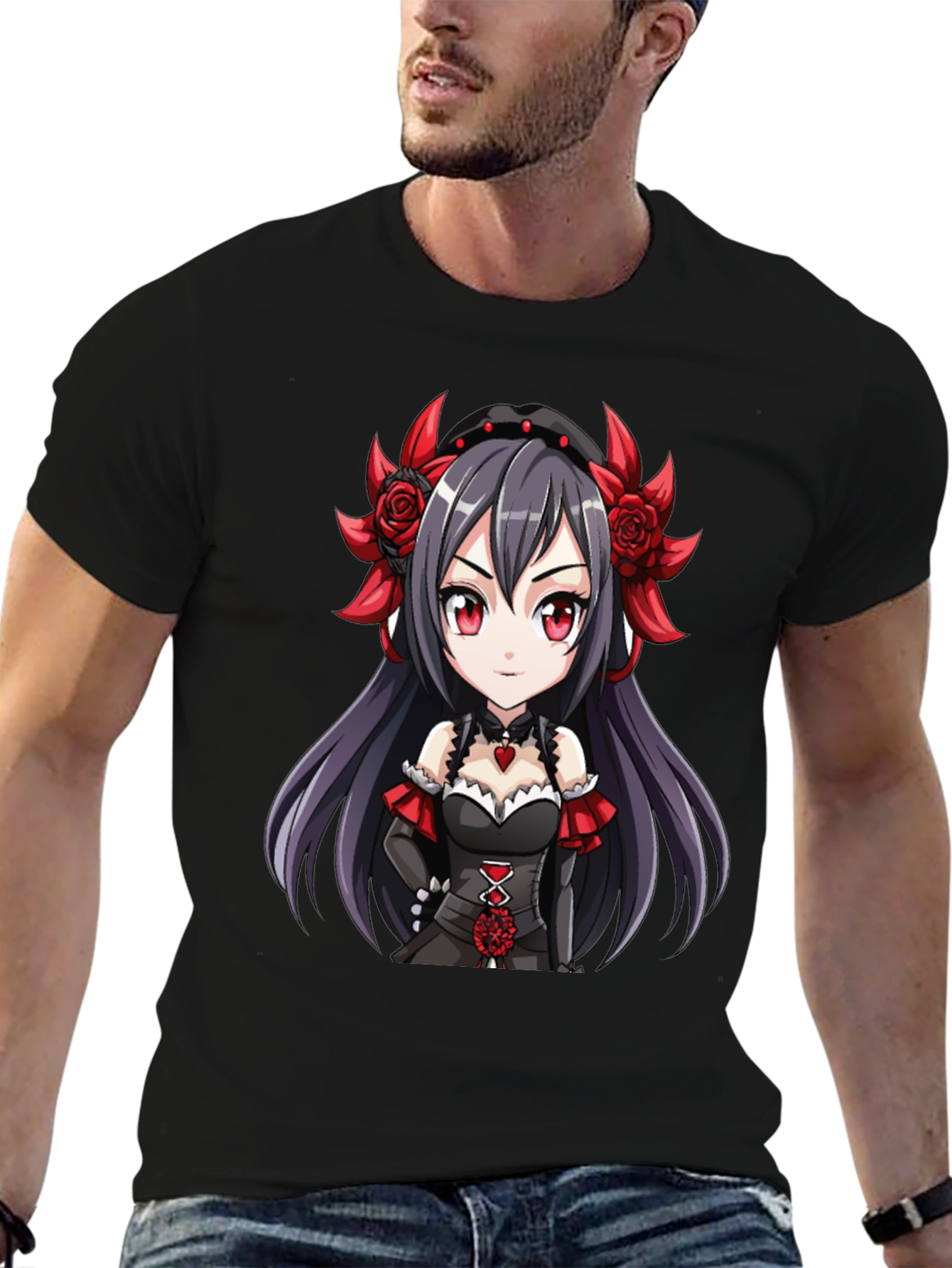 Anime Girl Graphic Tee - Gothic Red Rose Chibi T-Shirt