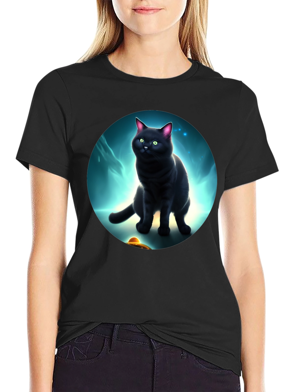 Cosmic Cat T-Shirt: Black Cat UFO Design