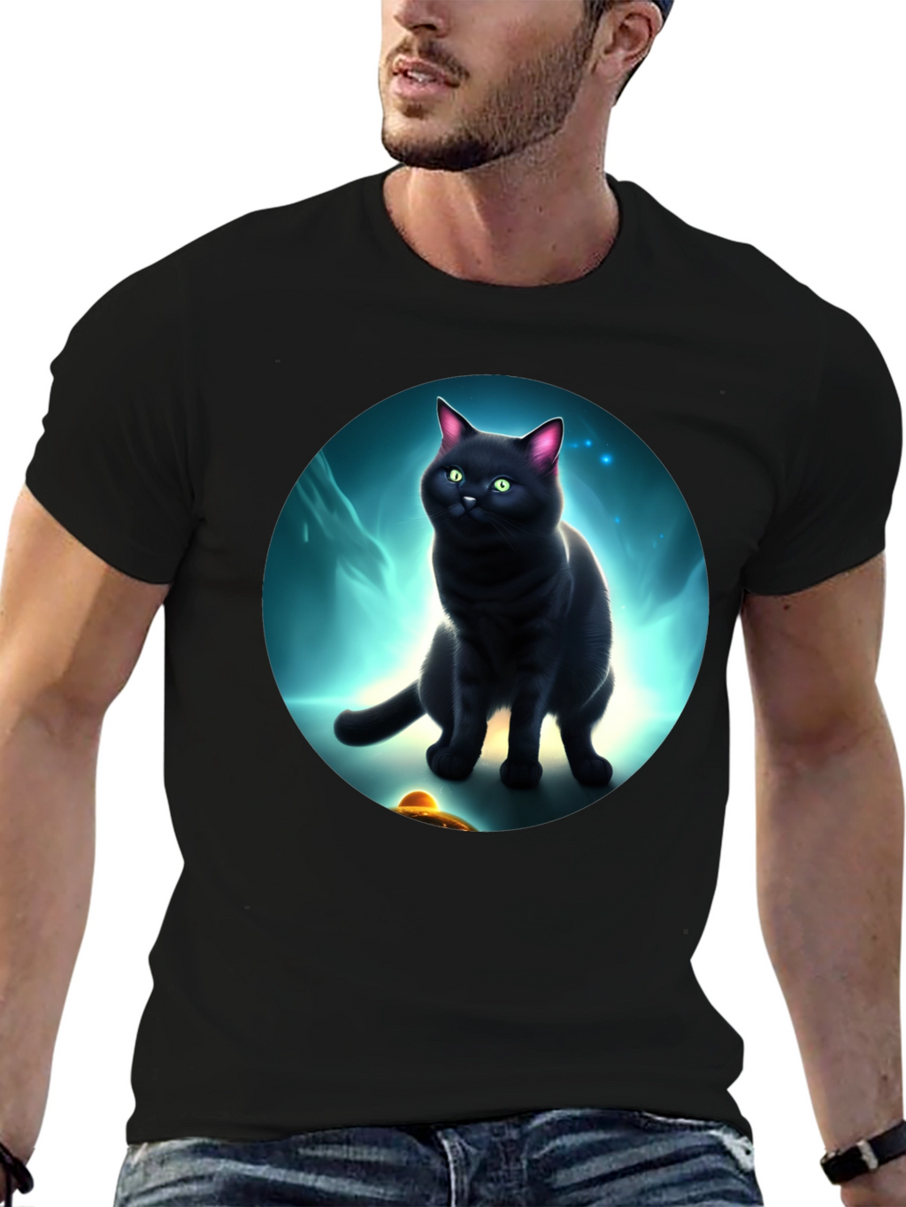 Cosmic Cat T-Shirt: Black Cat UFO Design