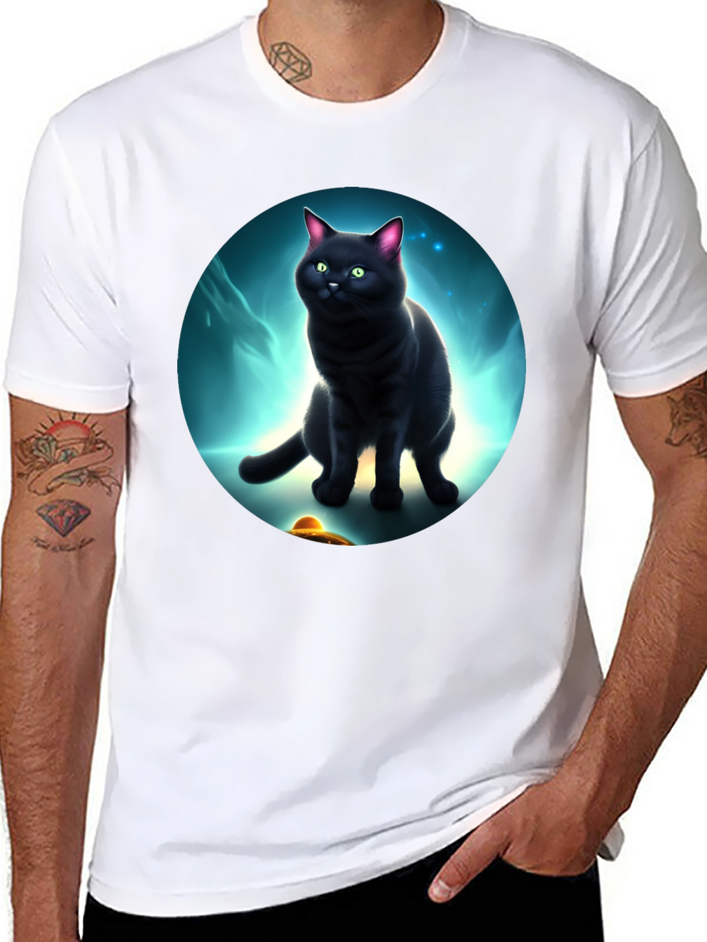 Cosmic Cat T-Shirt: Black Cat UFO Design