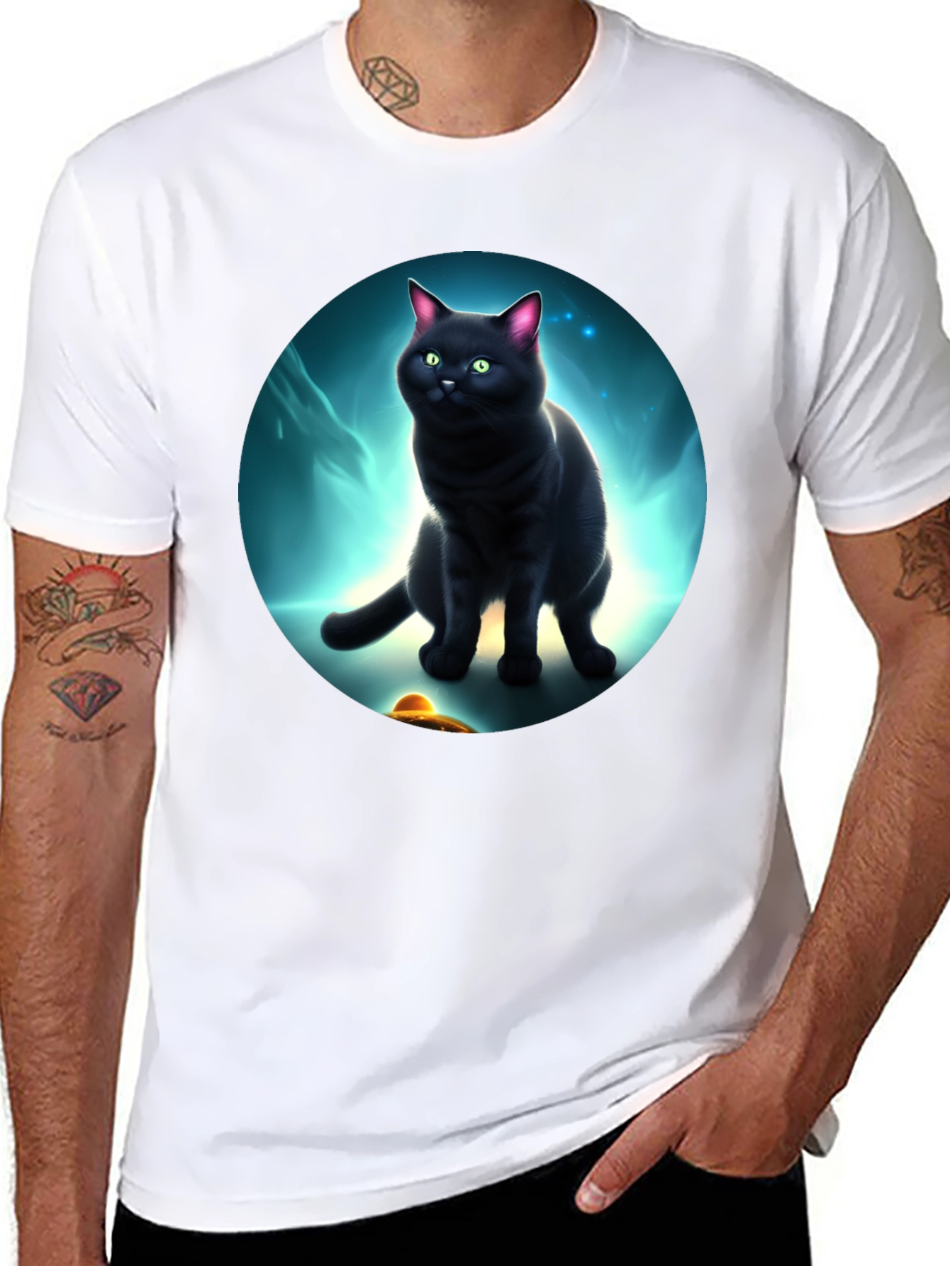Cosmic Cat T-Shirt: Black Cat UFO Design