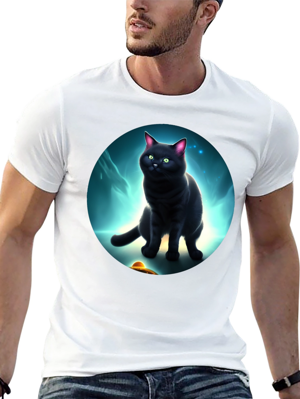 Cosmic Cat T-Shirt: Black Cat UFO Design