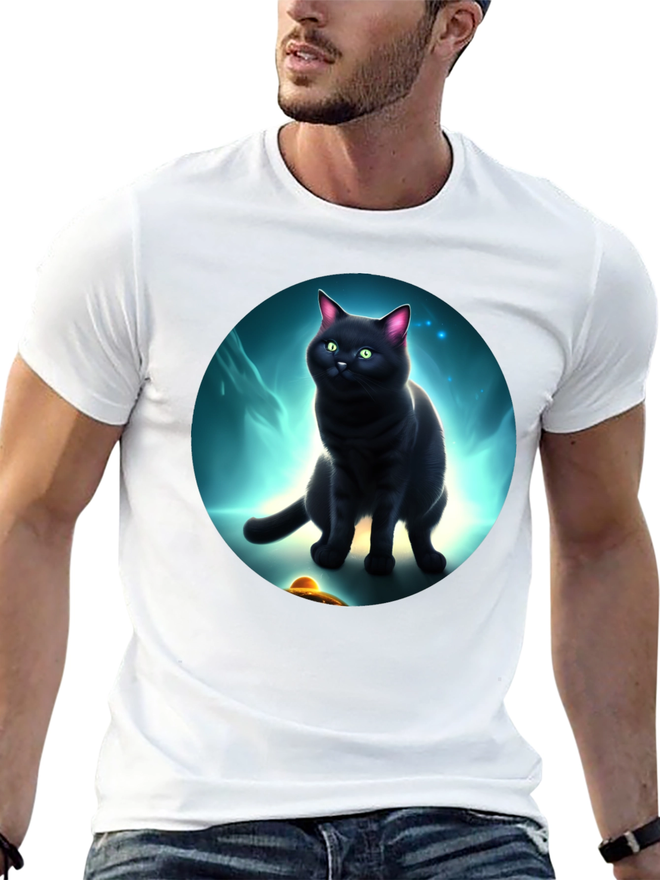 Cosmic Cat T-Shirt: Black Cat UFO Design