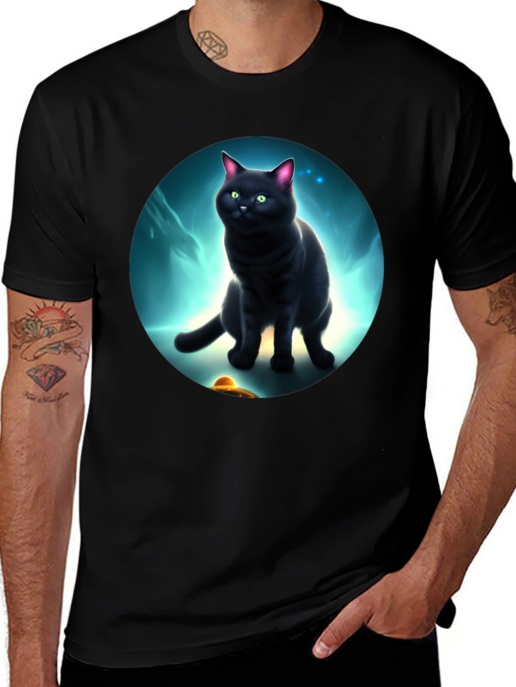 Cosmic Cat T-Shirt: Black Cat UFO Design