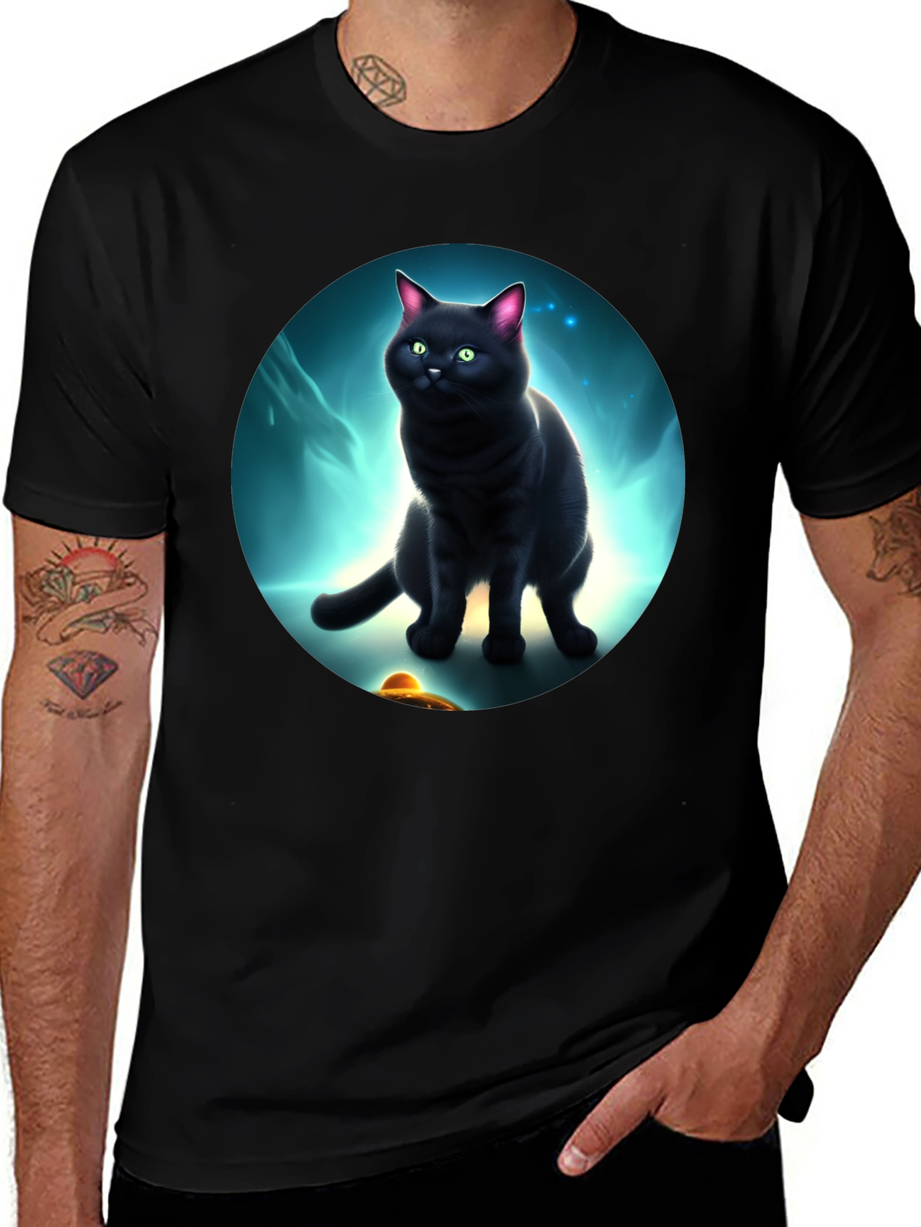 Cosmic Cat T-Shirt: Black Cat UFO Design