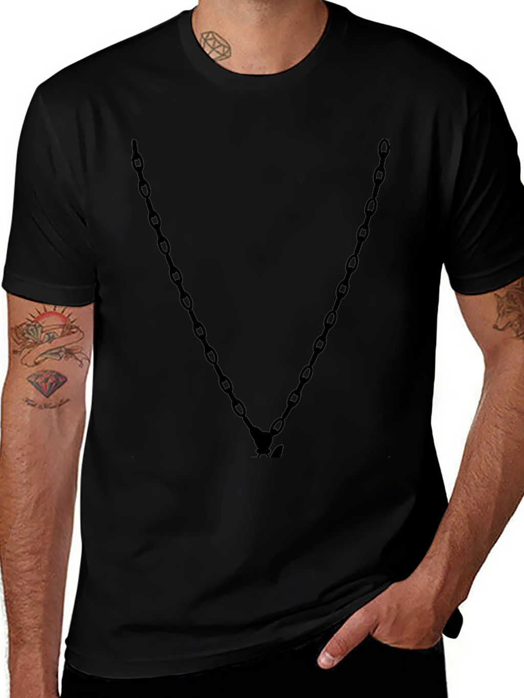 Mens Black Chain V-Neck Graphic Tee