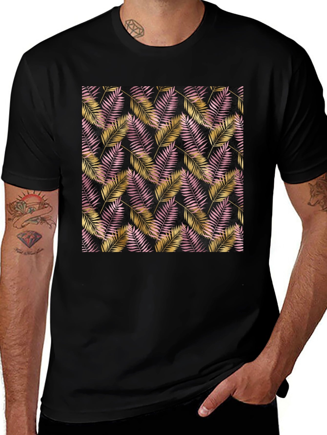 Tropical Palm Leaf Pattern Black T-Shirt