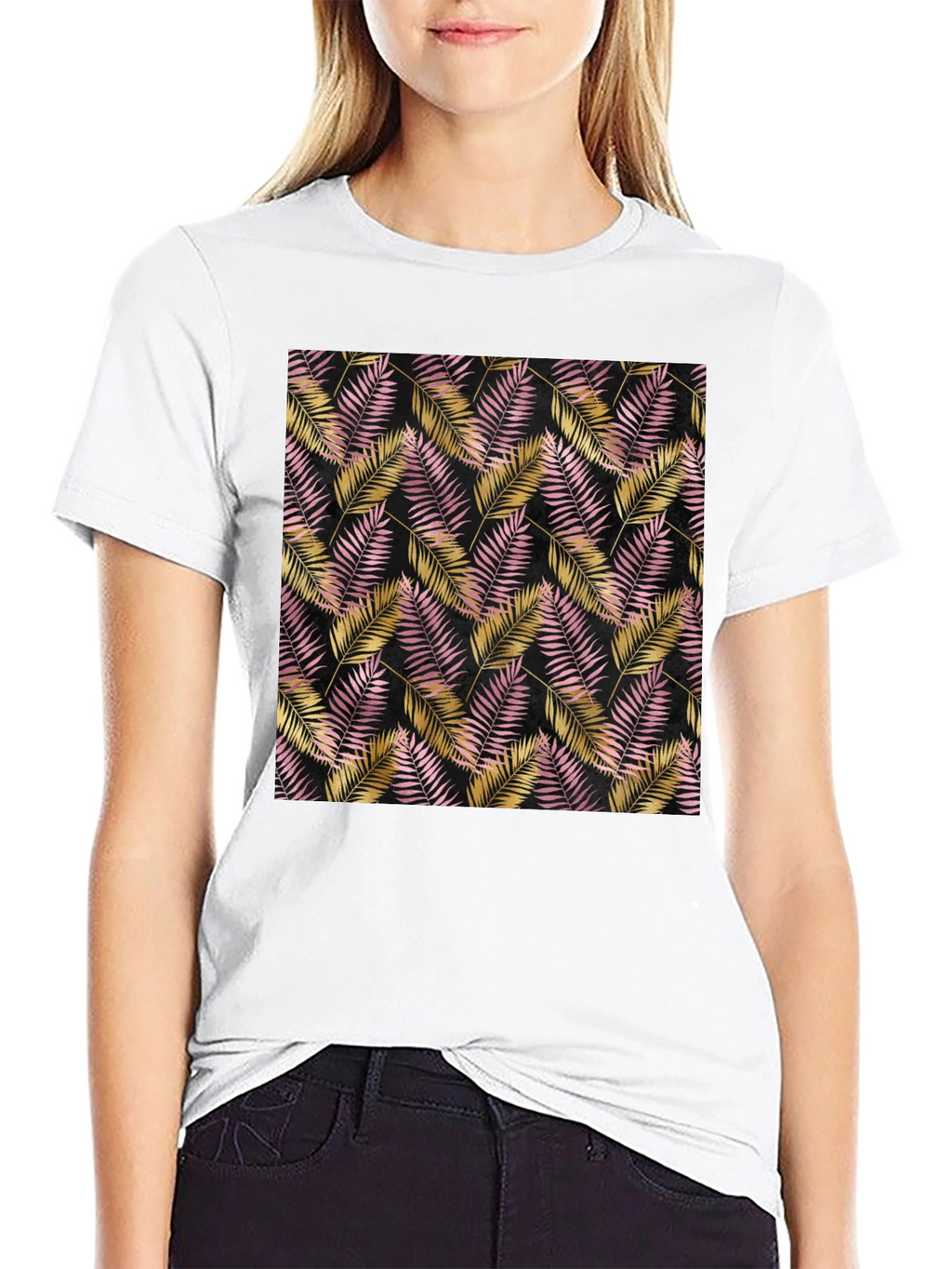 Tropical Palm Leaf Pattern Black T-Shirt