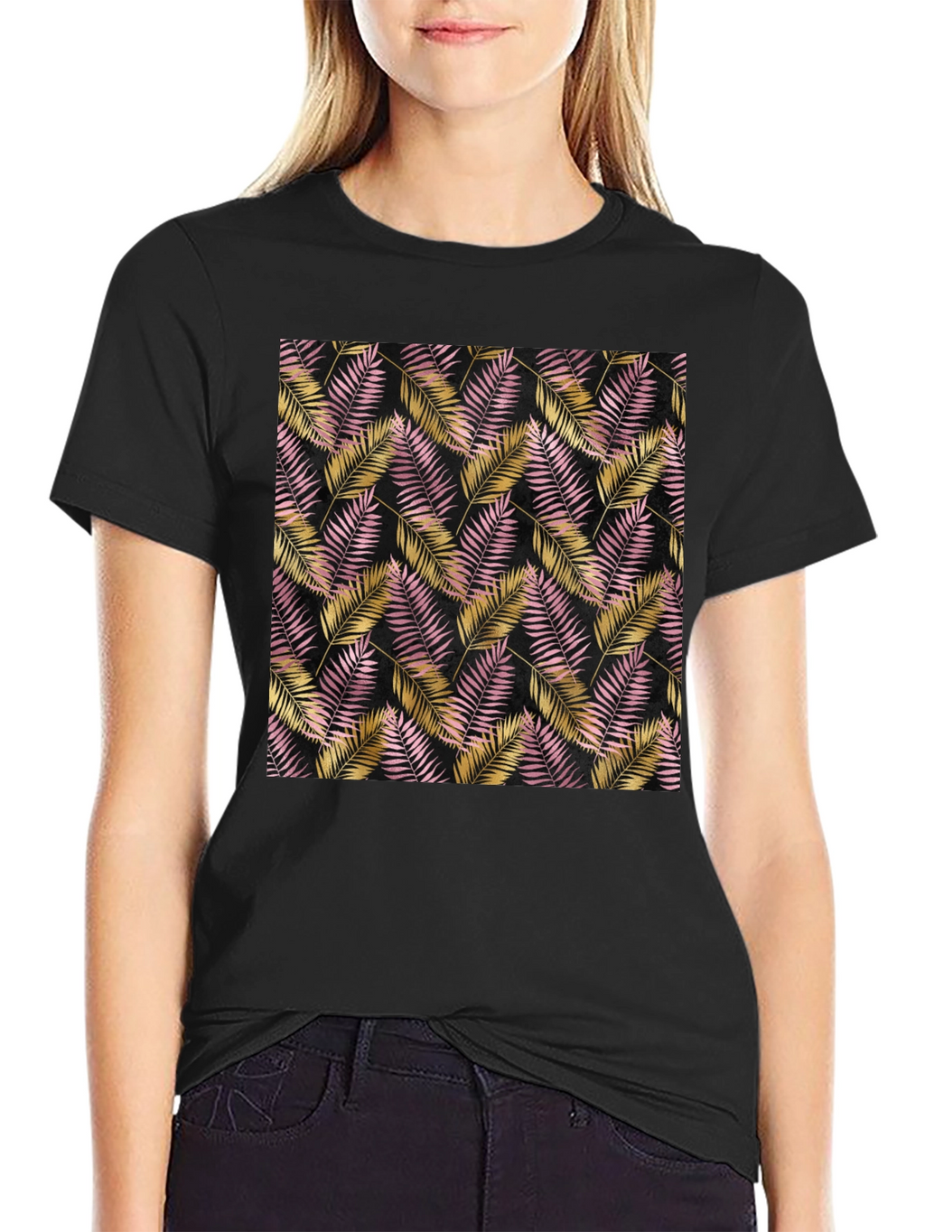 Tropical Palm Leaf Pattern Black T-Shirt