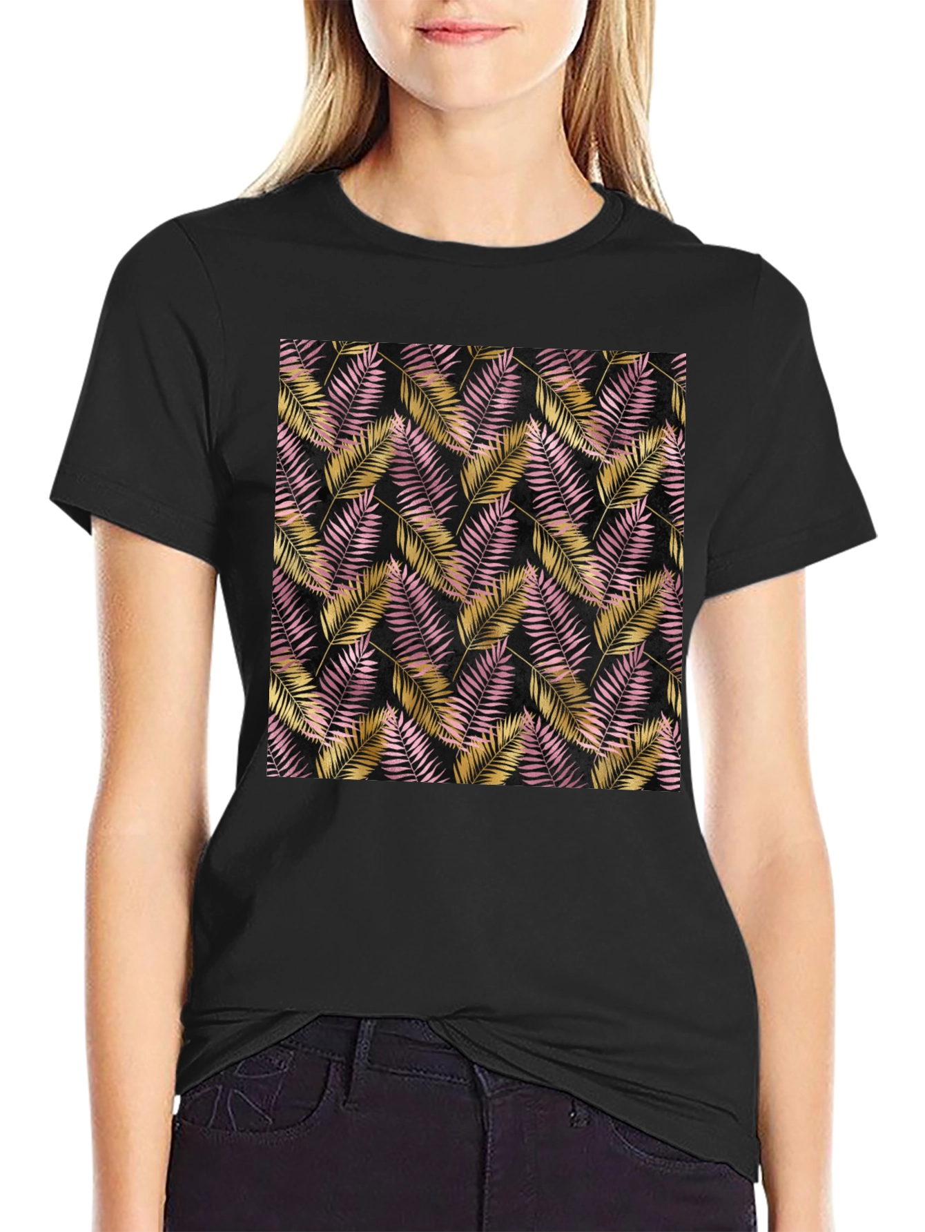 Tropical Palm Leaf Pattern Black T-Shirt