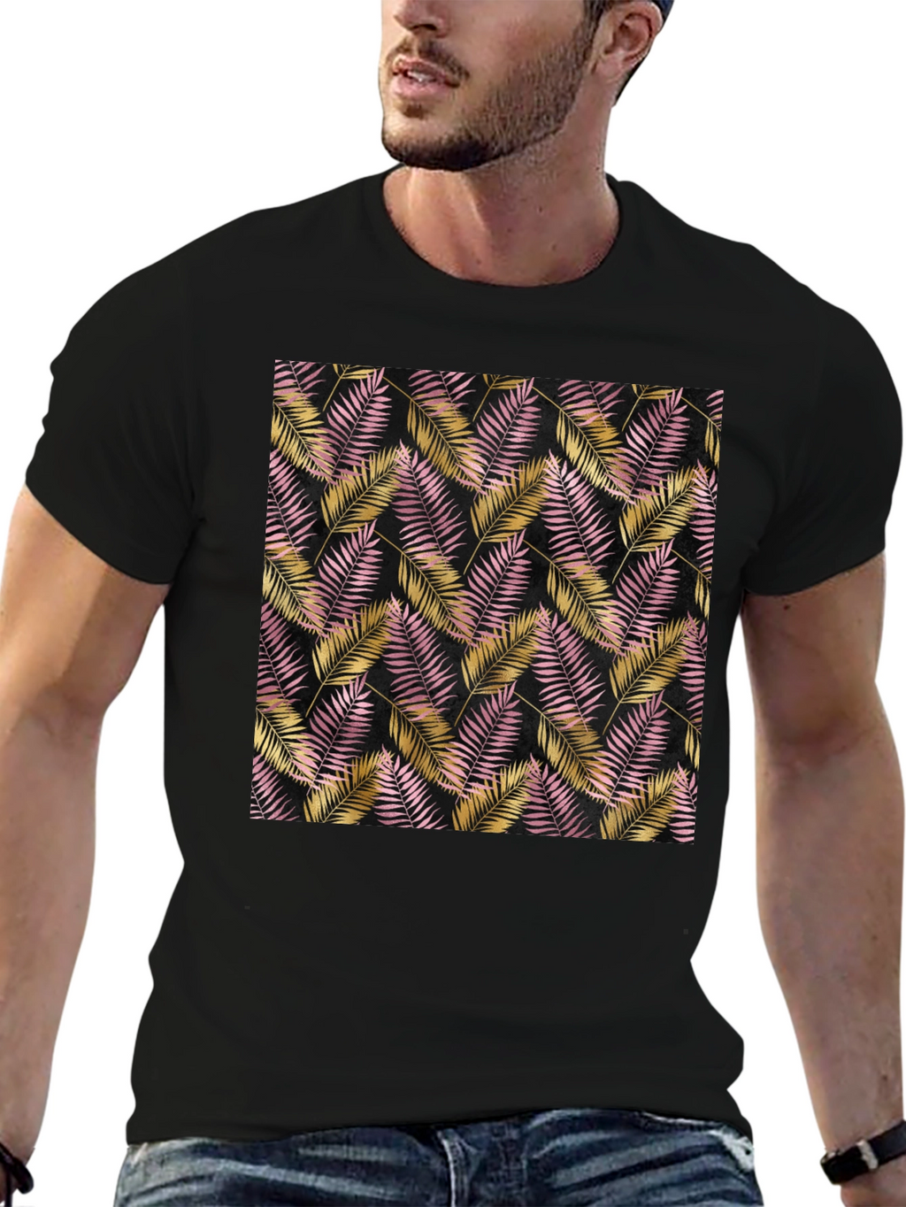 Tropical Palm Leaf Pattern Black T-Shirt