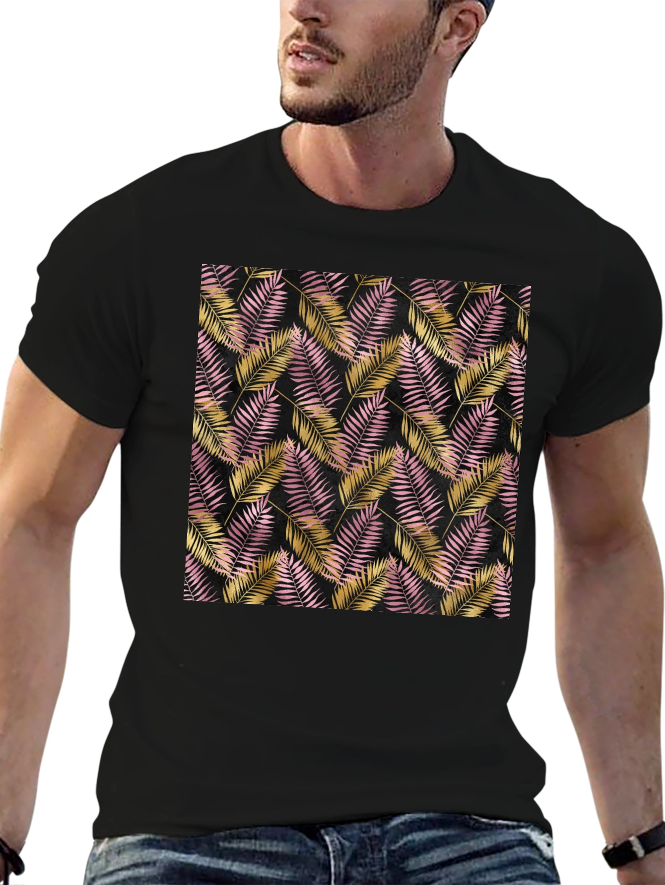 Tropical Palm Leaf Pattern Black T-Shirt