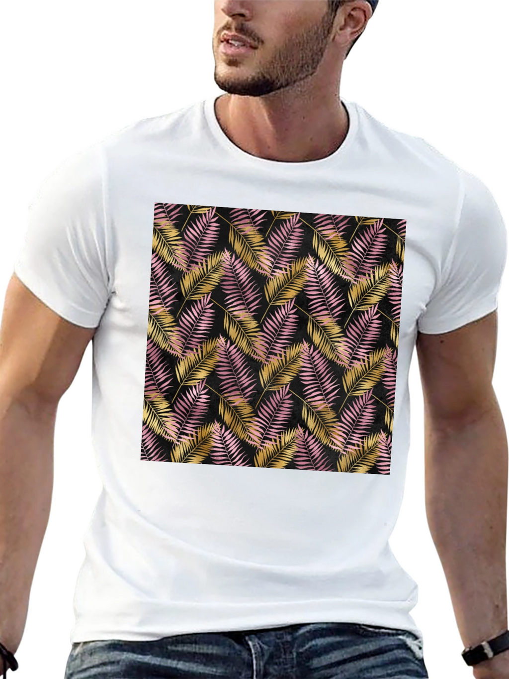 Tropical Palm Leaf Pattern Black T-Shirt
