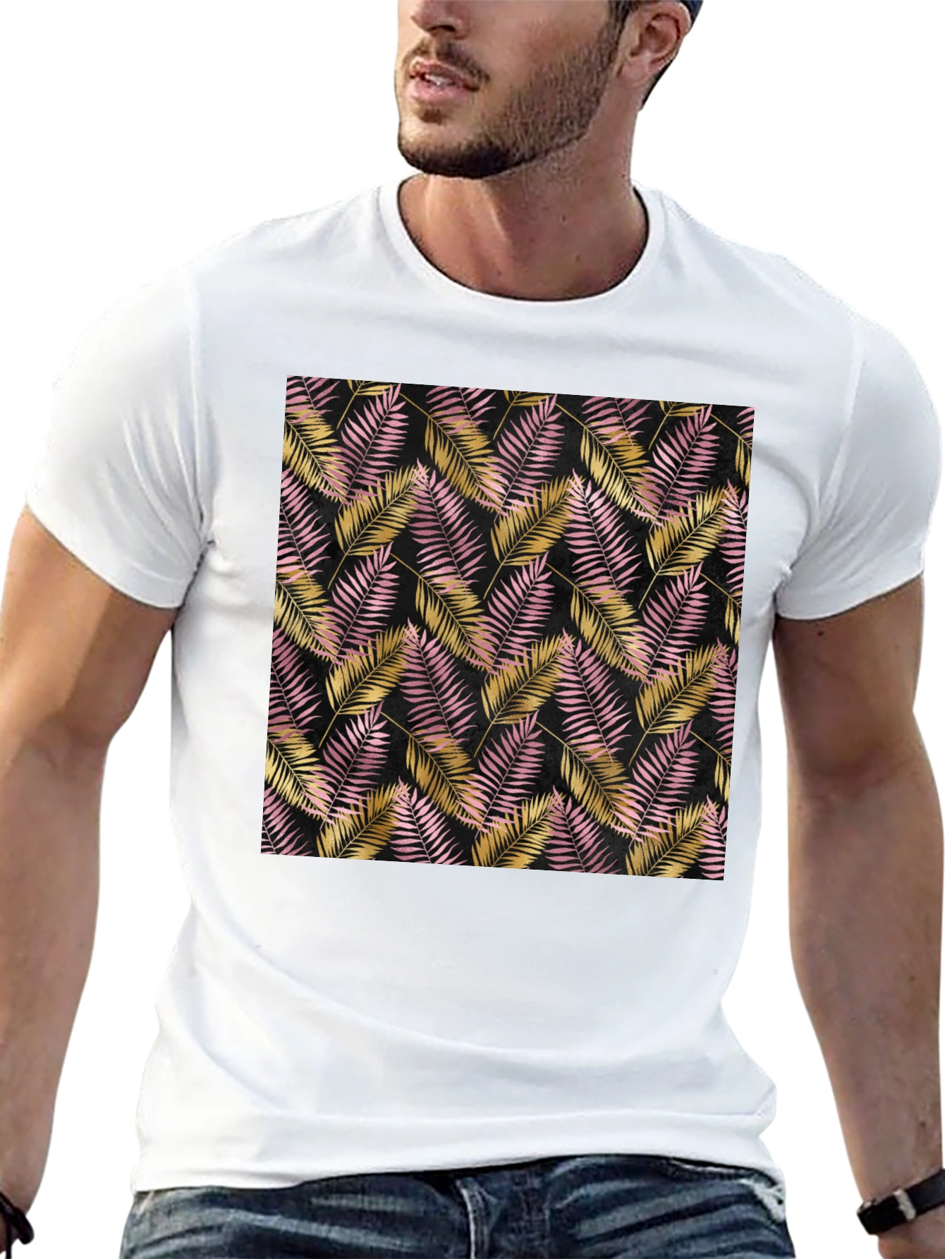 Tropical Palm Leaf Pattern Black T-Shirt