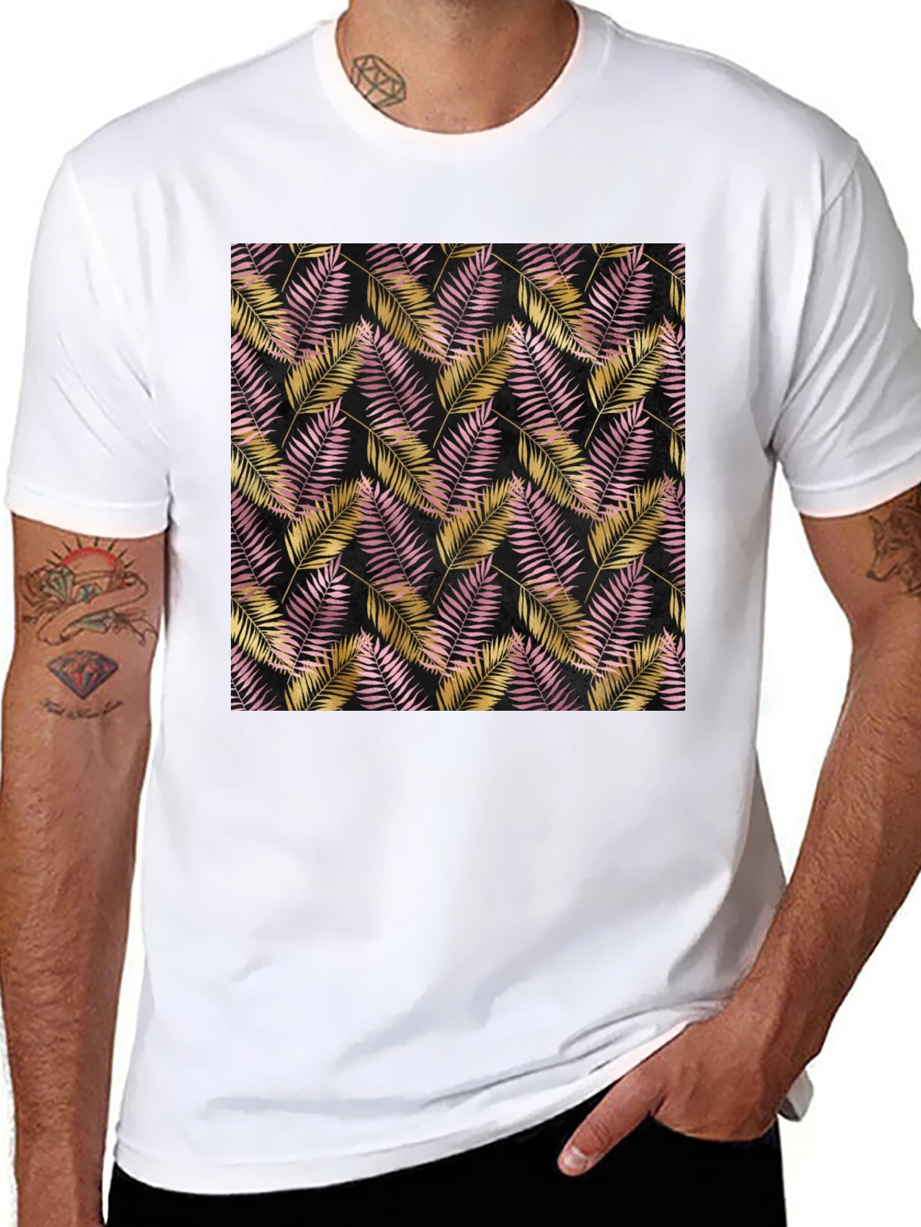 Tropical Palm Leaf Pattern Black T-Shirt