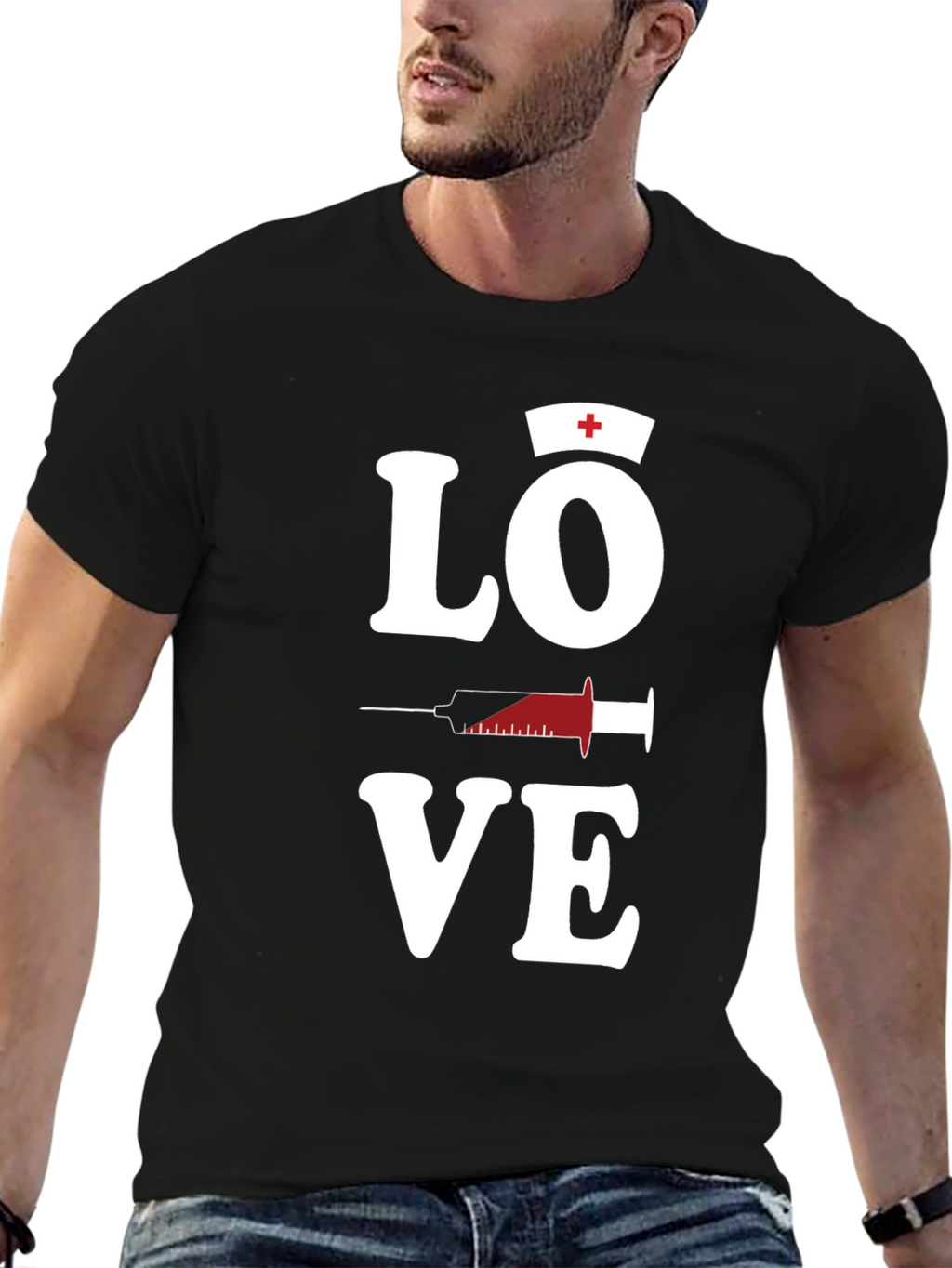 Love Nurse T-Shirt Black Cotton Blend Mens Graphic Tee