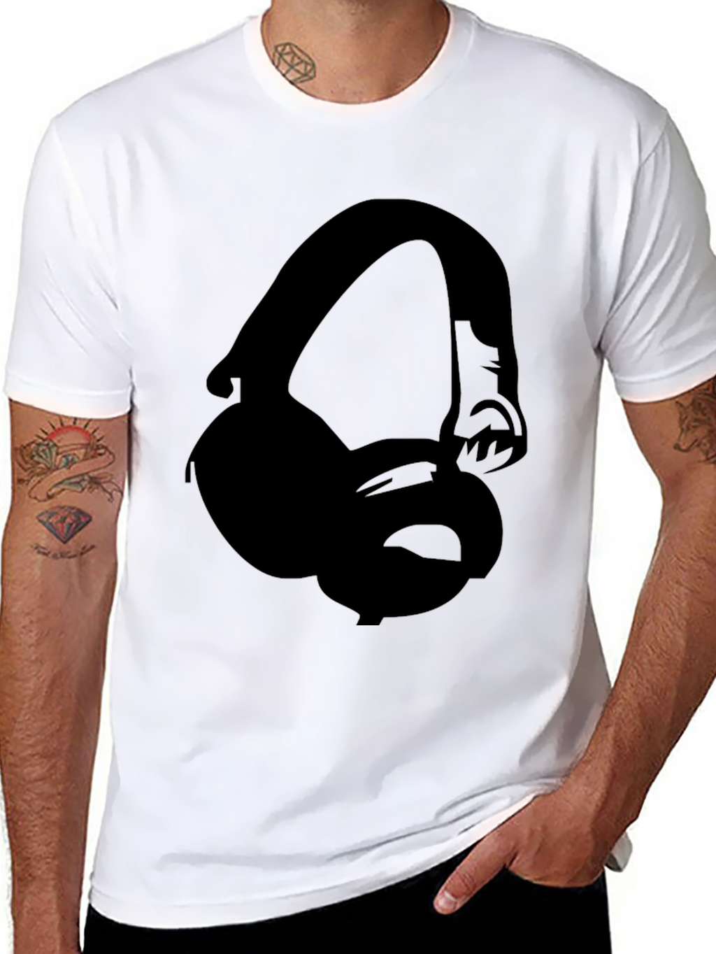 Headphone Graphic Tee - Black Crew Neck T-Shirt