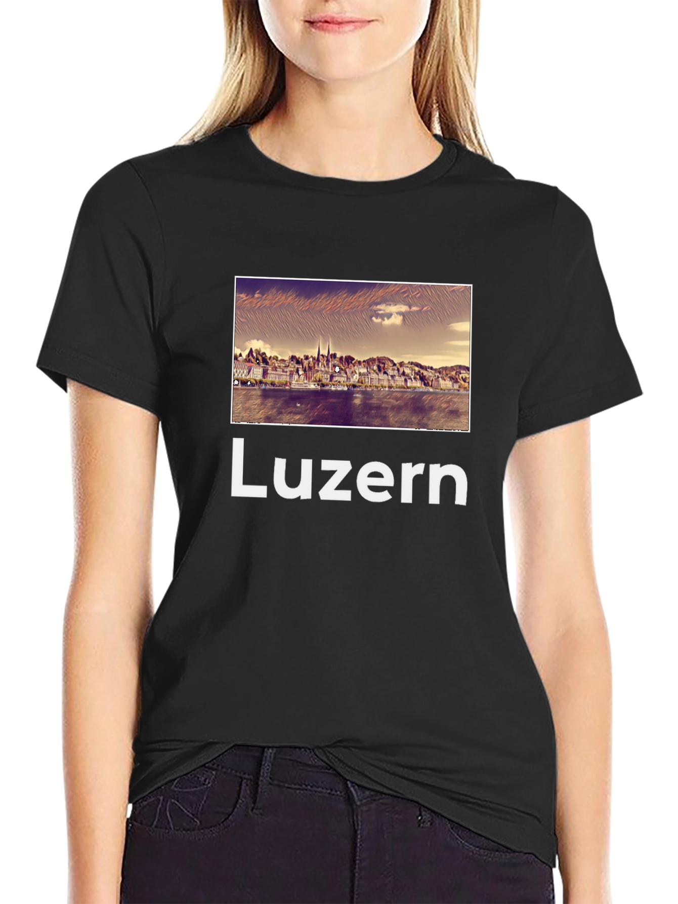 Luzern Cityscape Graphic Tee - Black Cotton T-Shirt