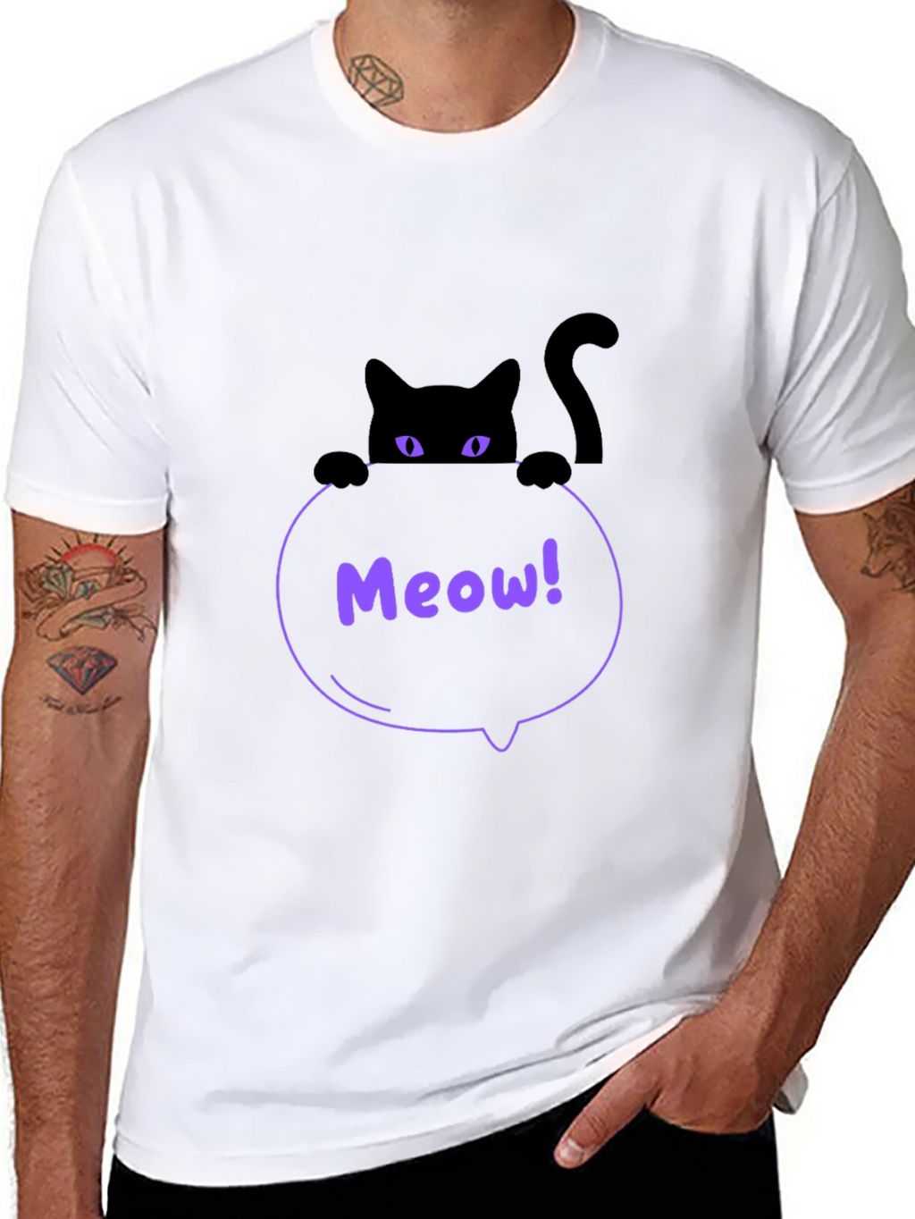 Mens Black Cat Meow T-Shirt