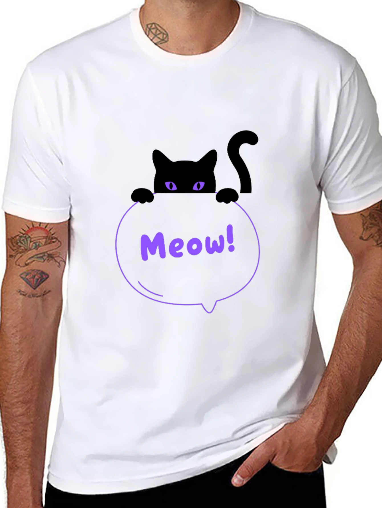 Mens Black Cat Meow T-Shirt