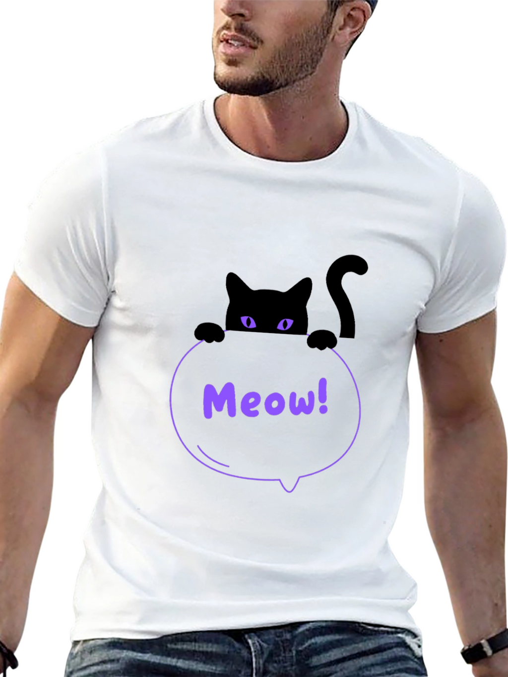 Mens Black Cat Meow T-Shirt