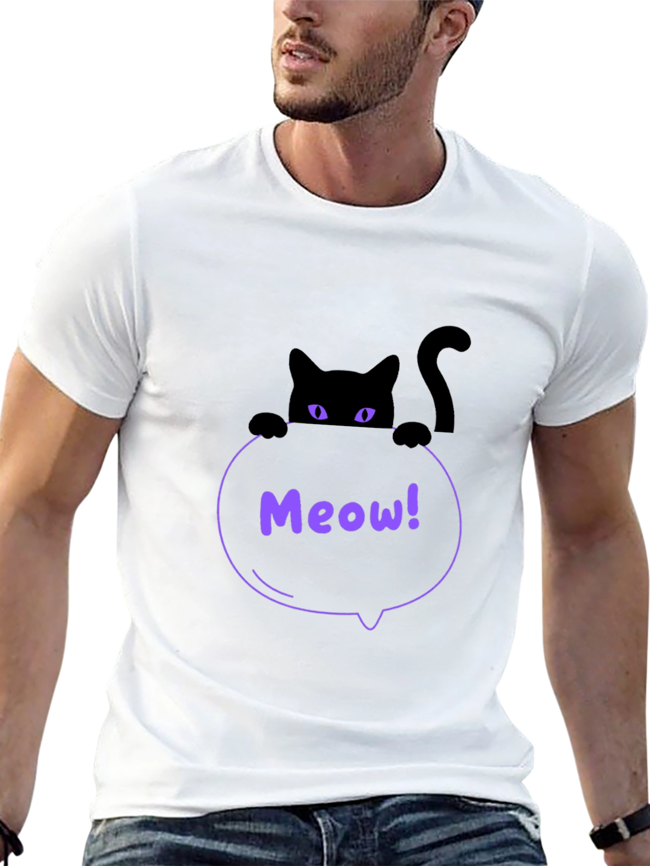 Mens Black Cat Meow T-Shirt