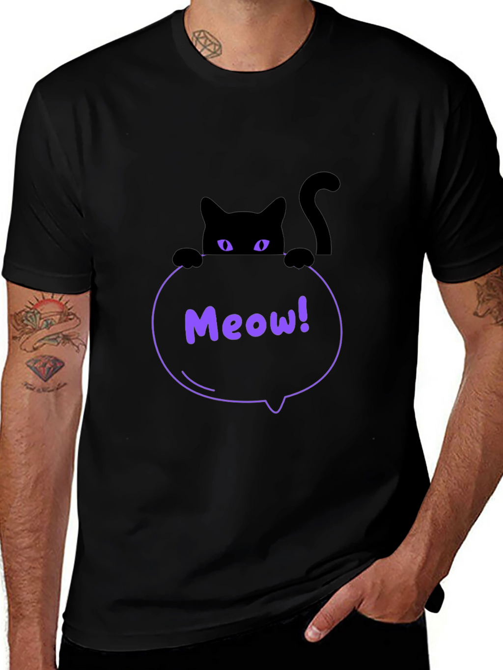 Mens Black Cat Meow T-Shirt