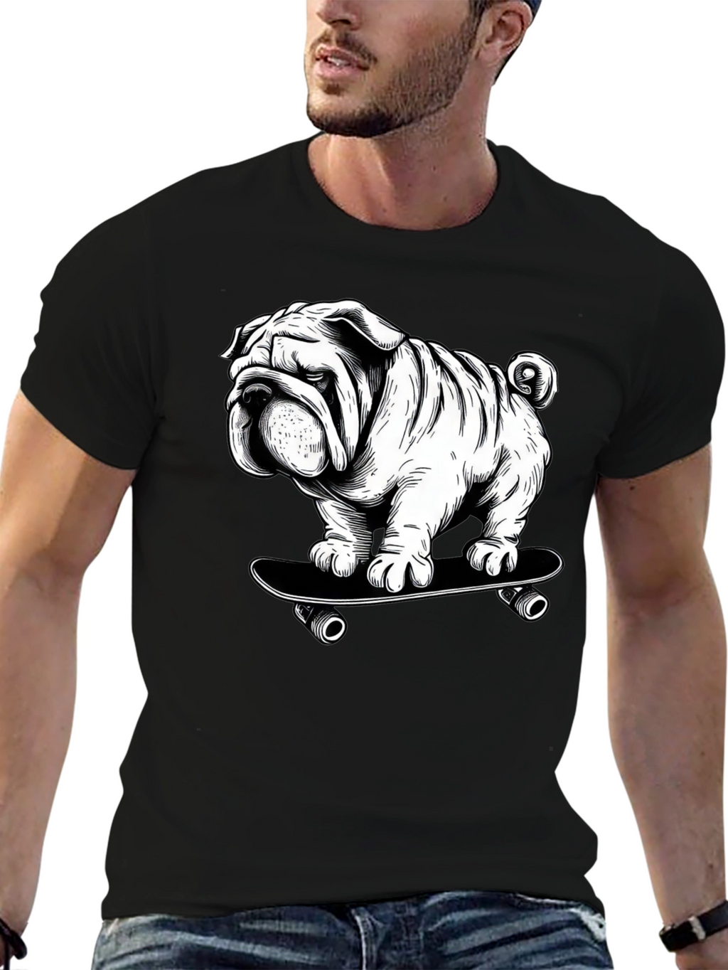 Cool Bulldog on Skateboard Graphic T-Shirt