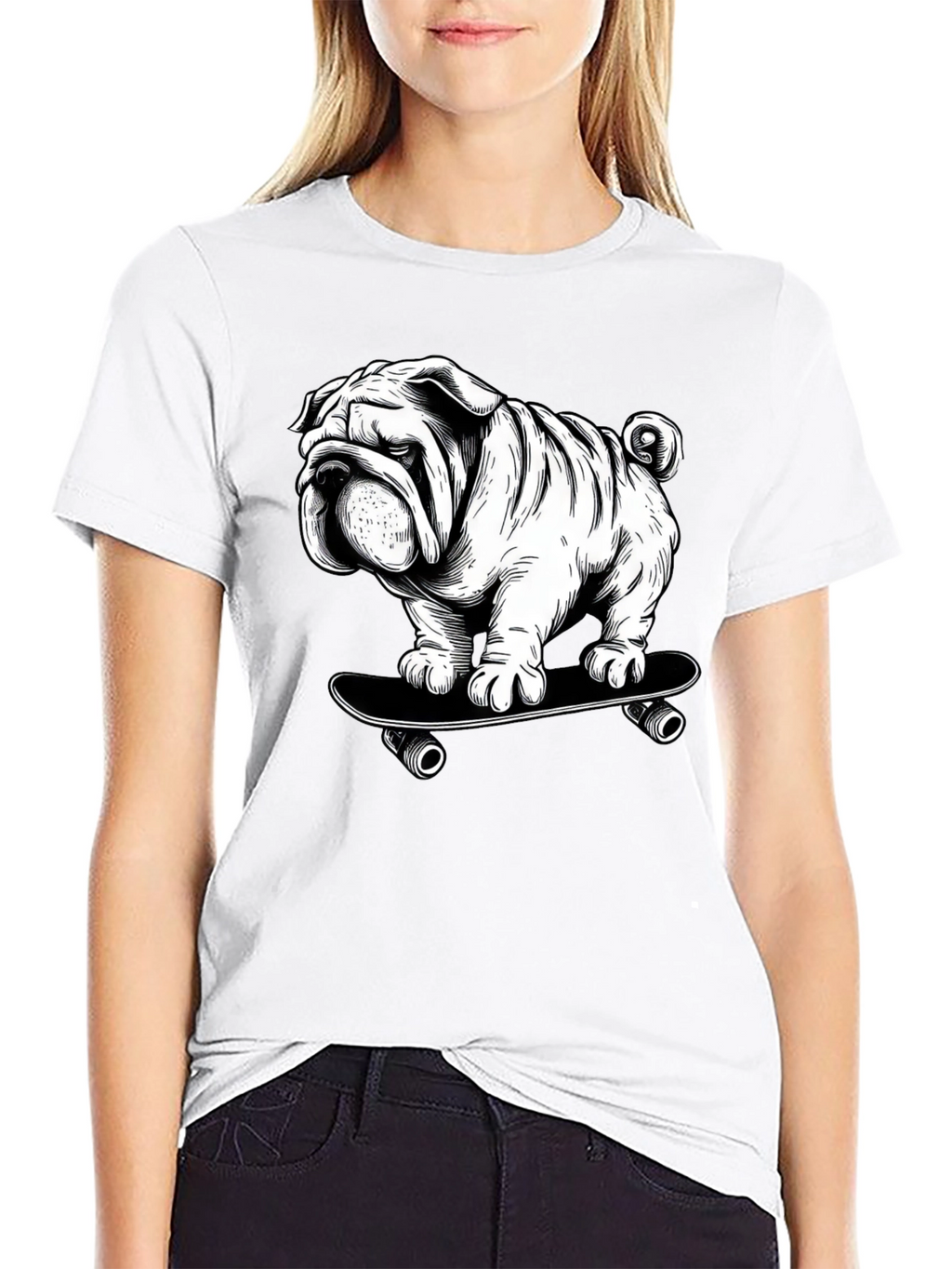 Cool Bulldog on Skateboard Graphic T-Shirt