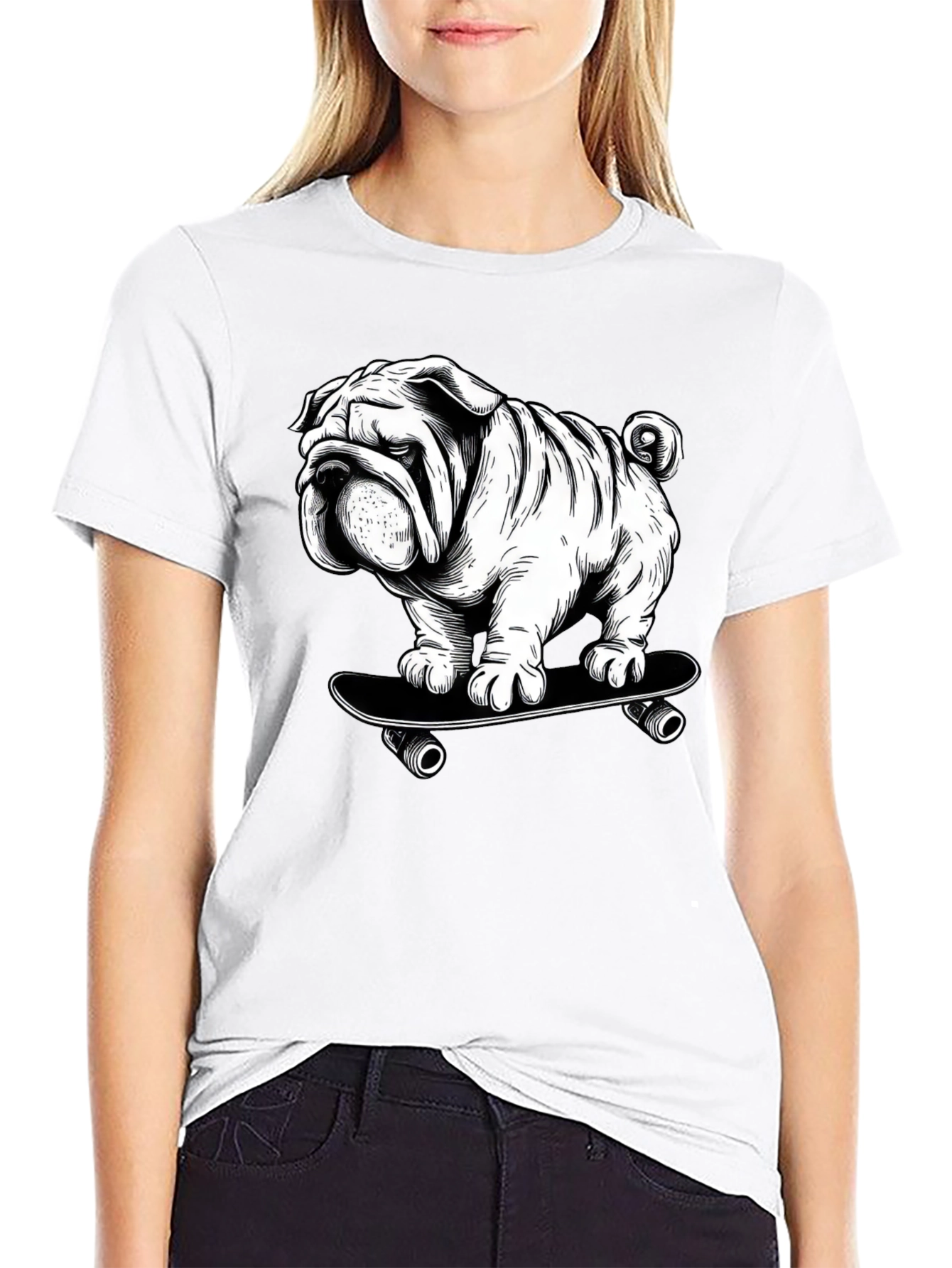 Cool Bulldog on Skateboard Graphic T-Shirt