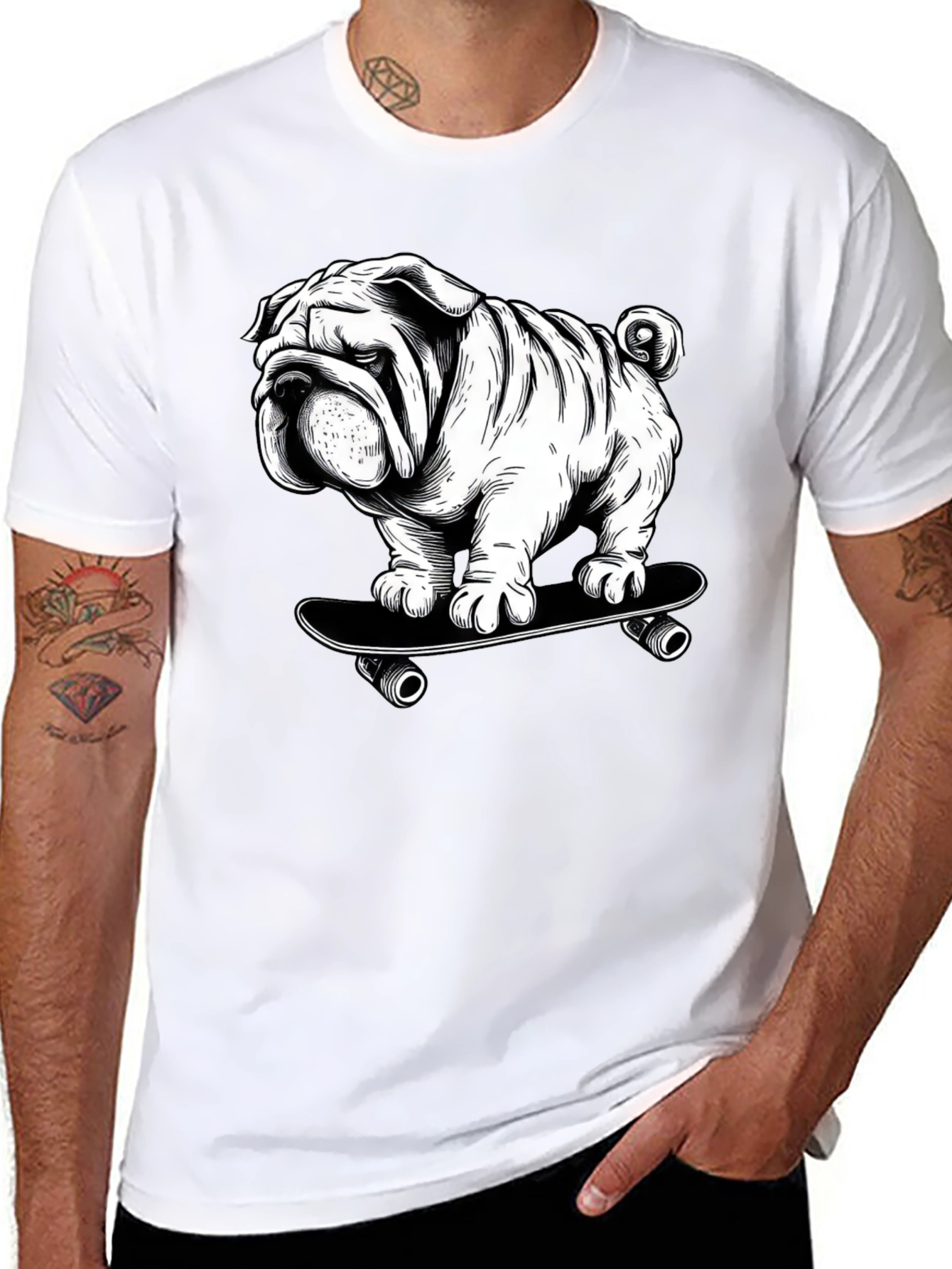 Cool Bulldog on Skateboard Graphic T-Shirt