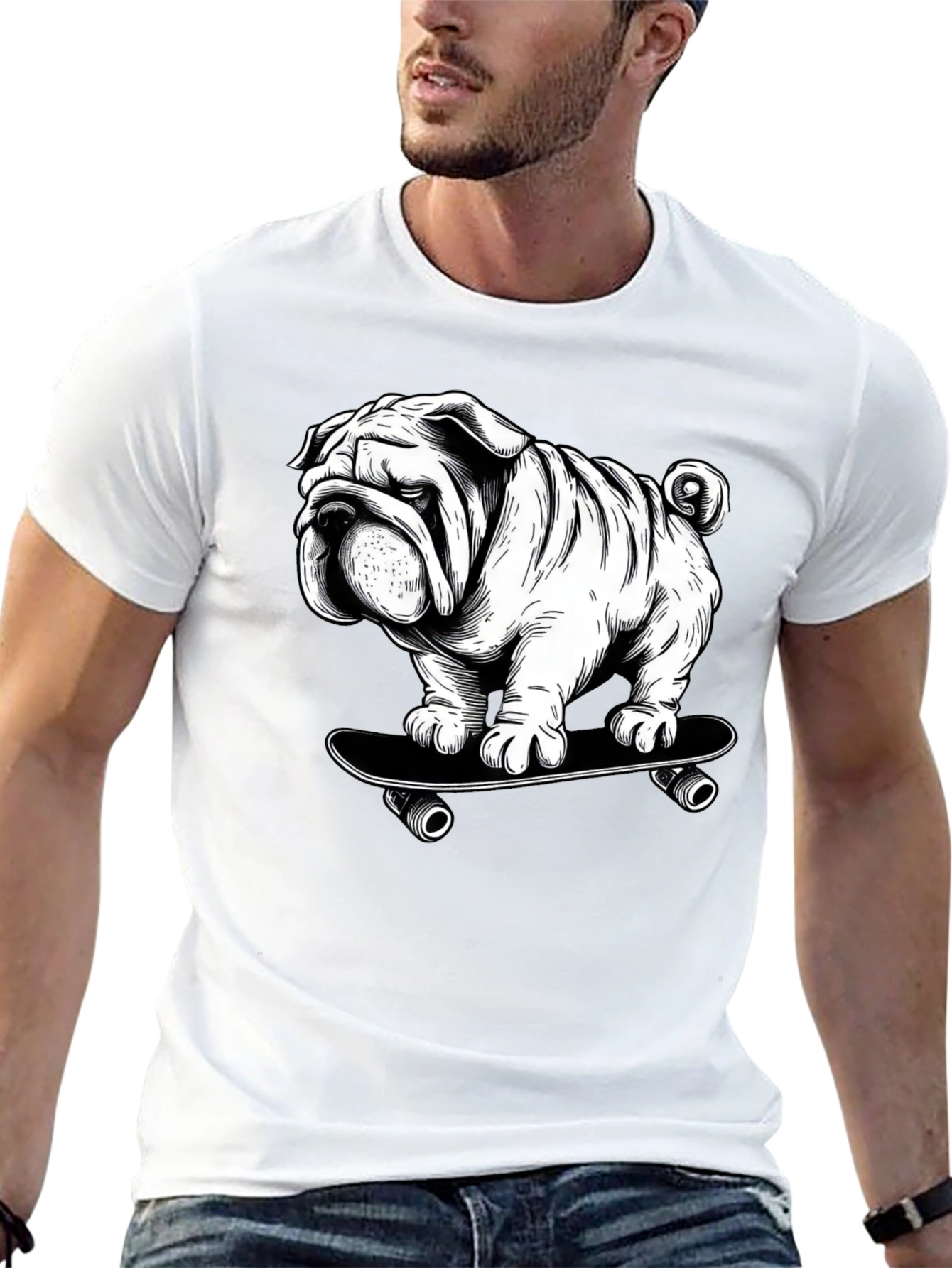 Cool Bulldog on Skateboard Graphic T-Shirt