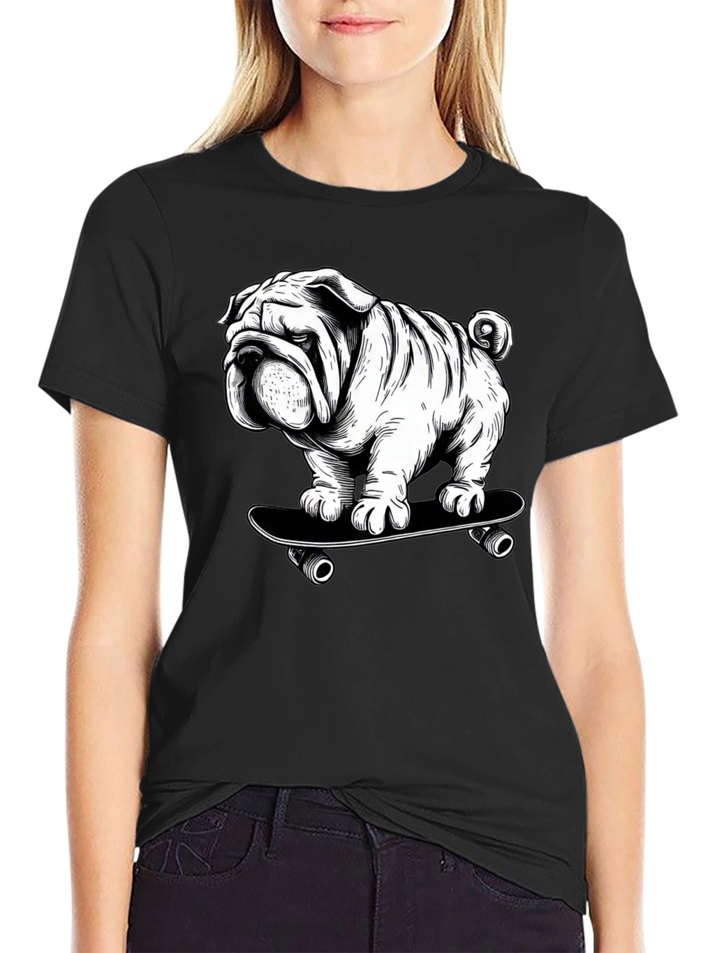 Cool Bulldog on Skateboard Graphic T-Shirt