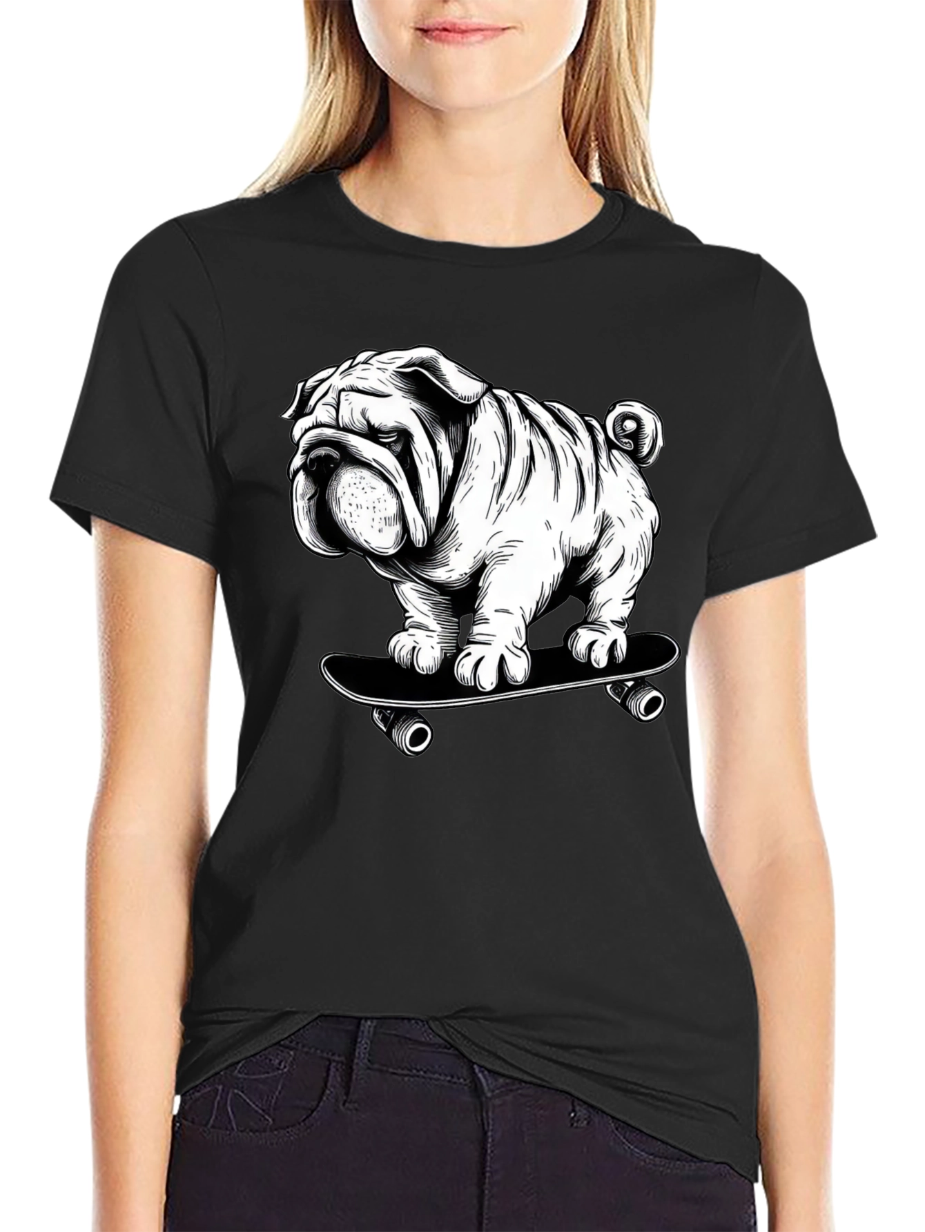 Cool Bulldog on Skateboard Graphic T-Shirt