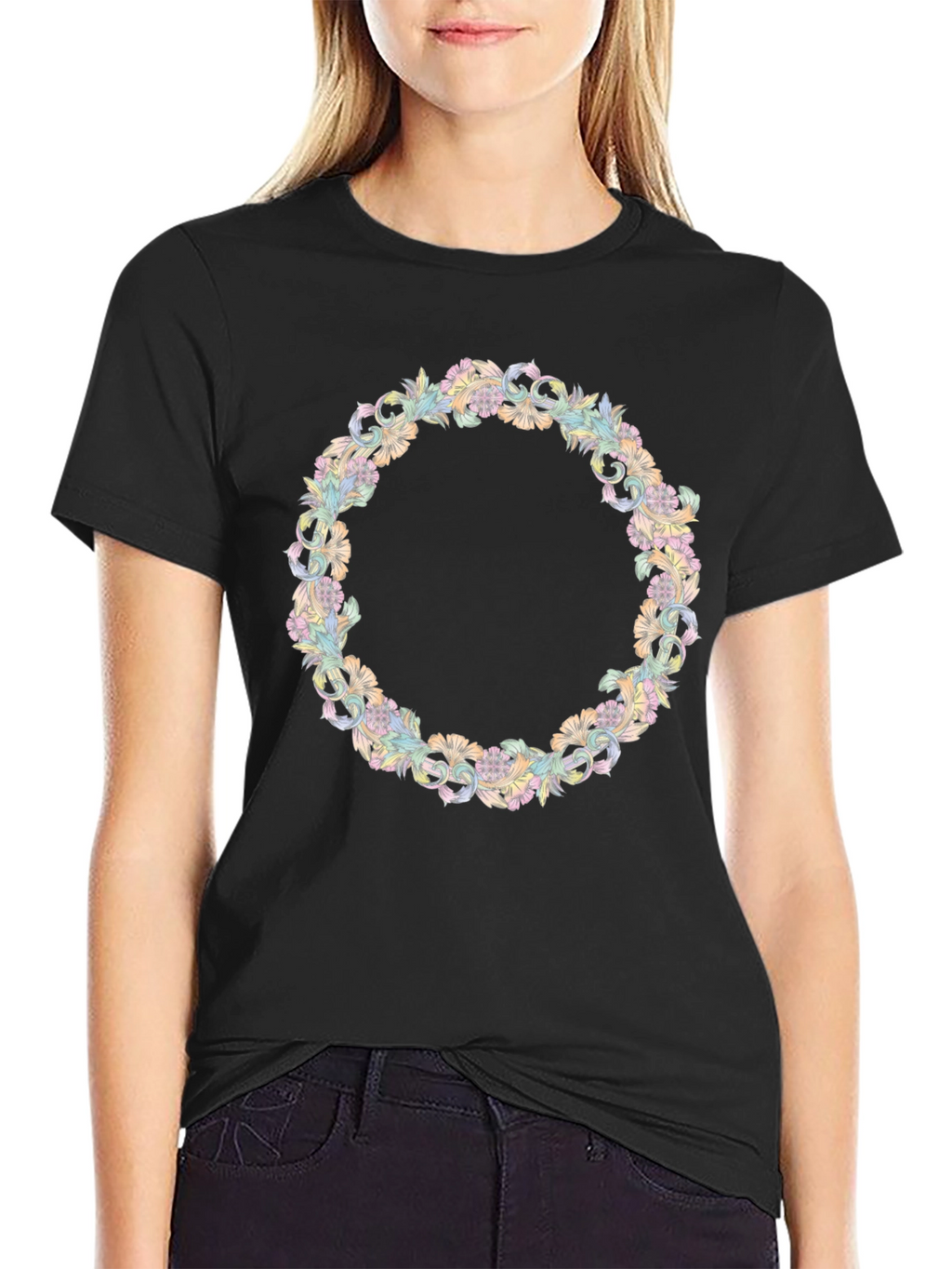 Floral Wreath Graphic Tee - Stylish Black T-Shirt