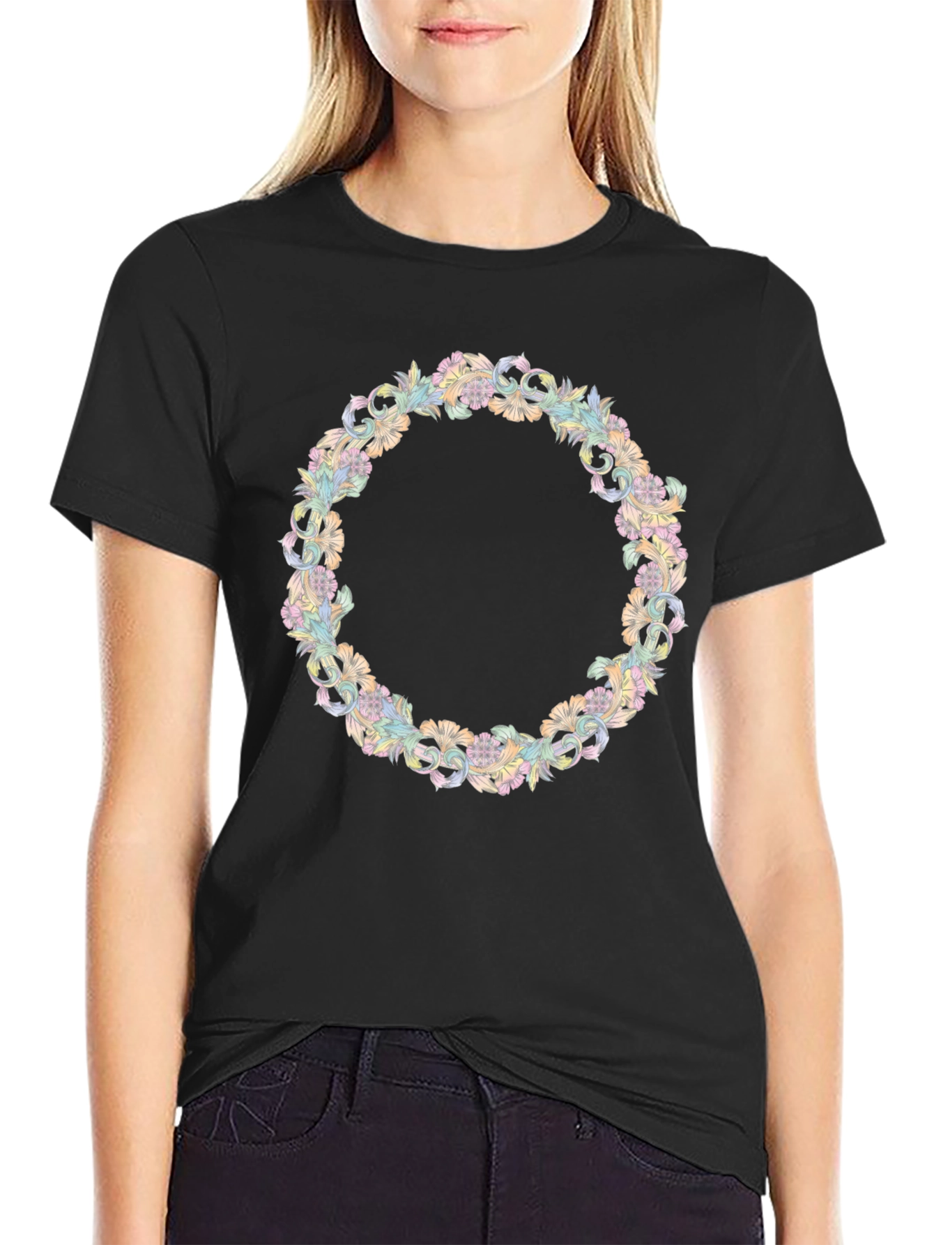 Floral Wreath Graphic Tee - Stylish Black T-Shirt