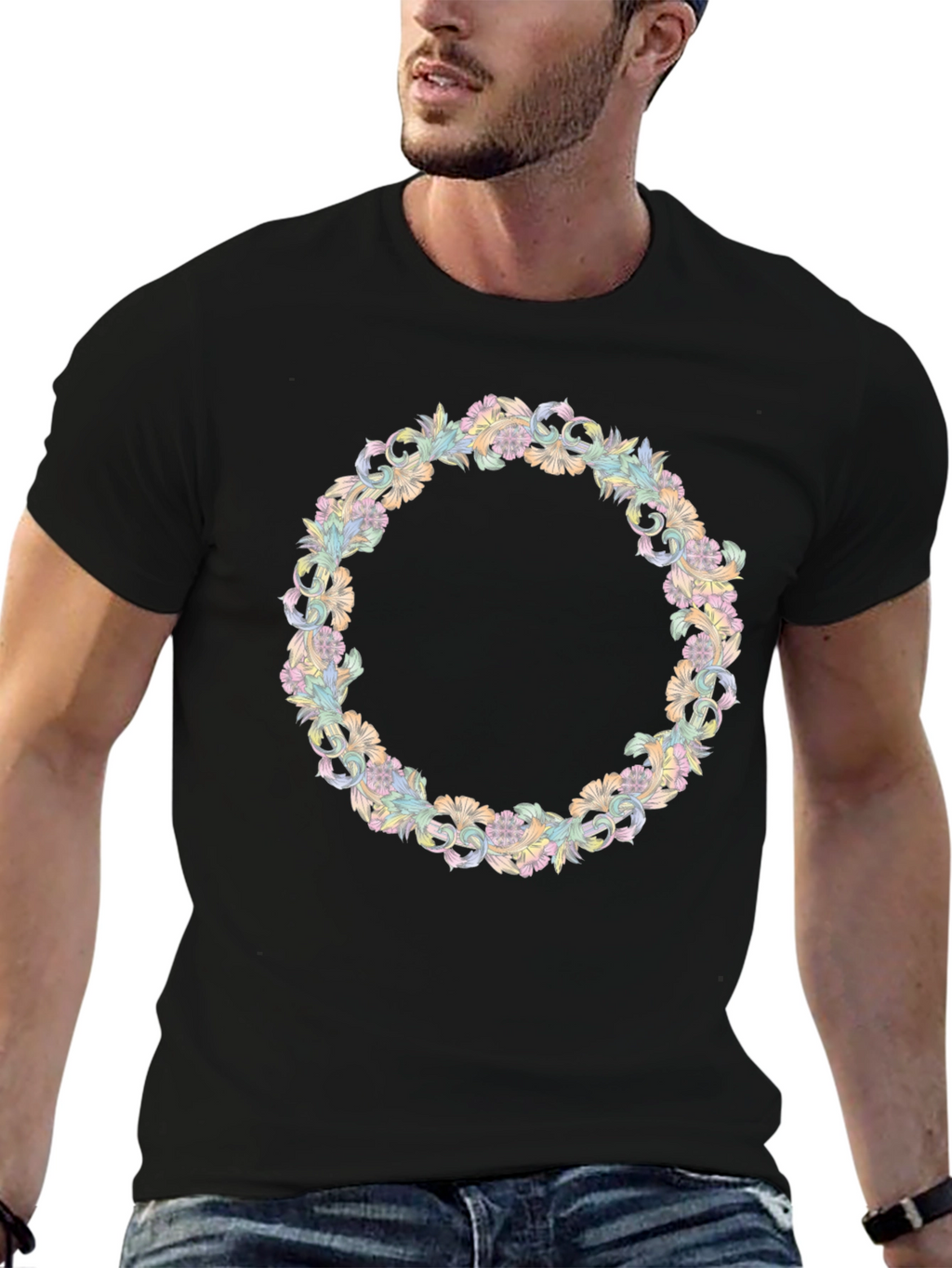 Floral Wreath Graphic Tee - Stylish Black T-Shirt