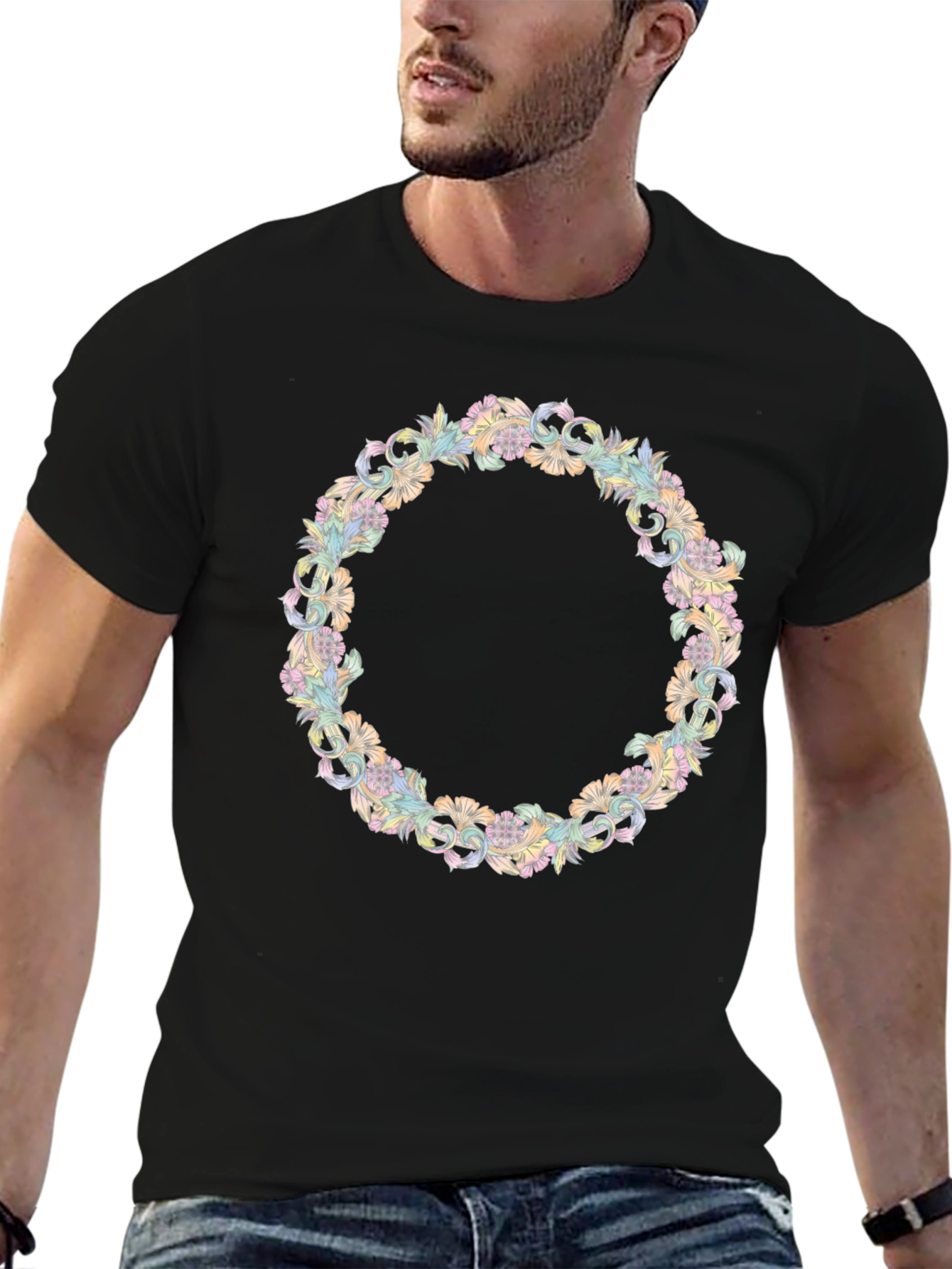 Floral Wreath Graphic Tee - Stylish Black T-Shirt