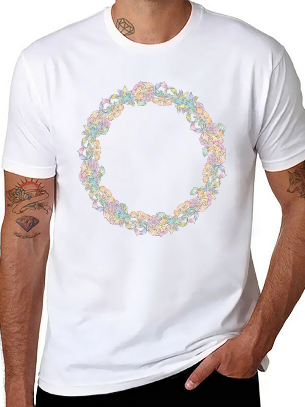 Floral Wreath Graphic Tee - Stylish Black T-Shirt