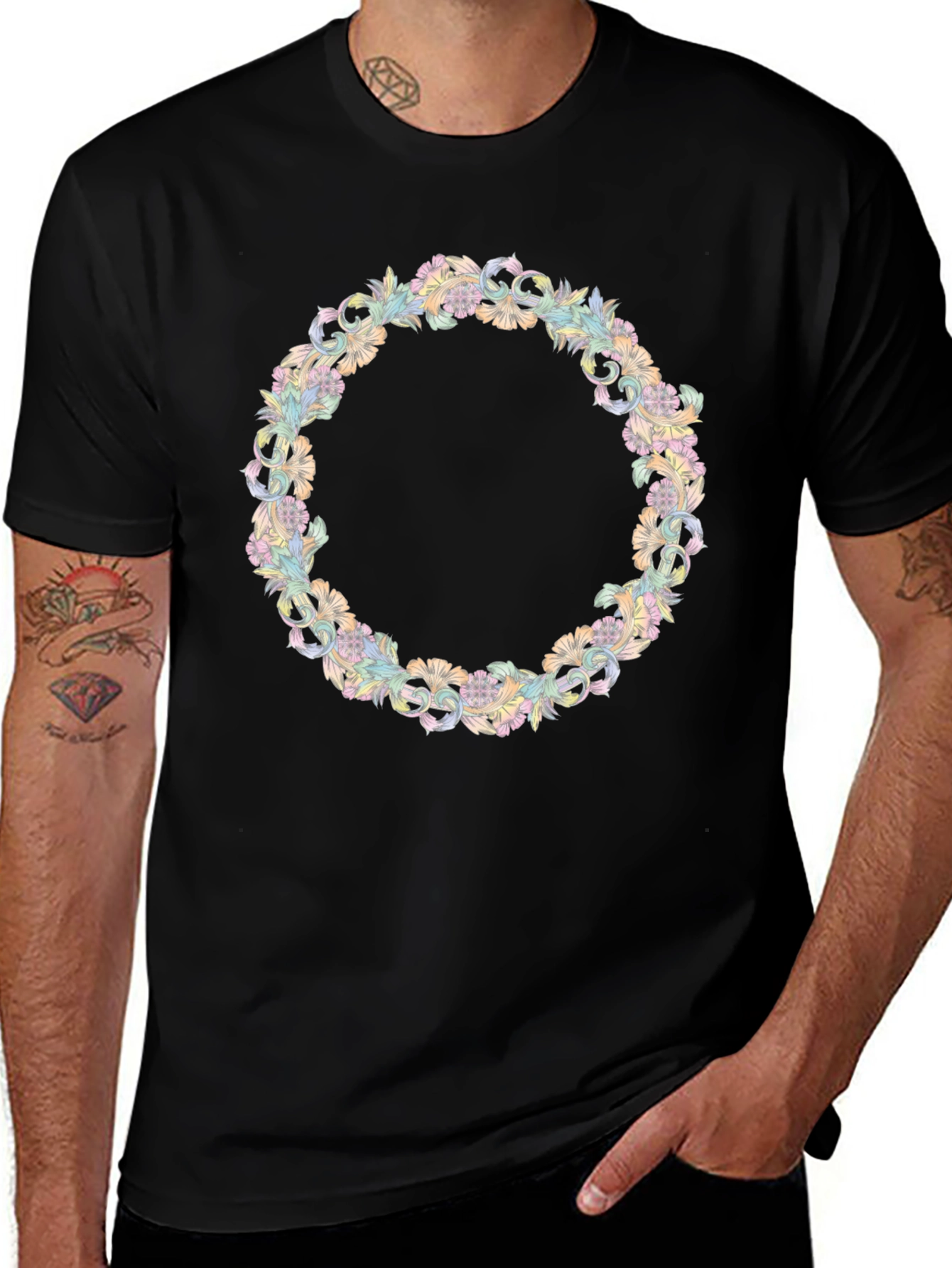 Floral Wreath Graphic Tee - Stylish Black T-Shirt
