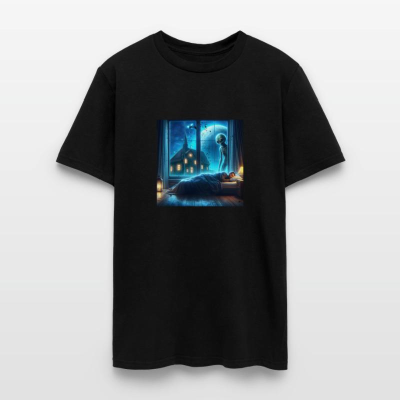 Alien watches sleeping people