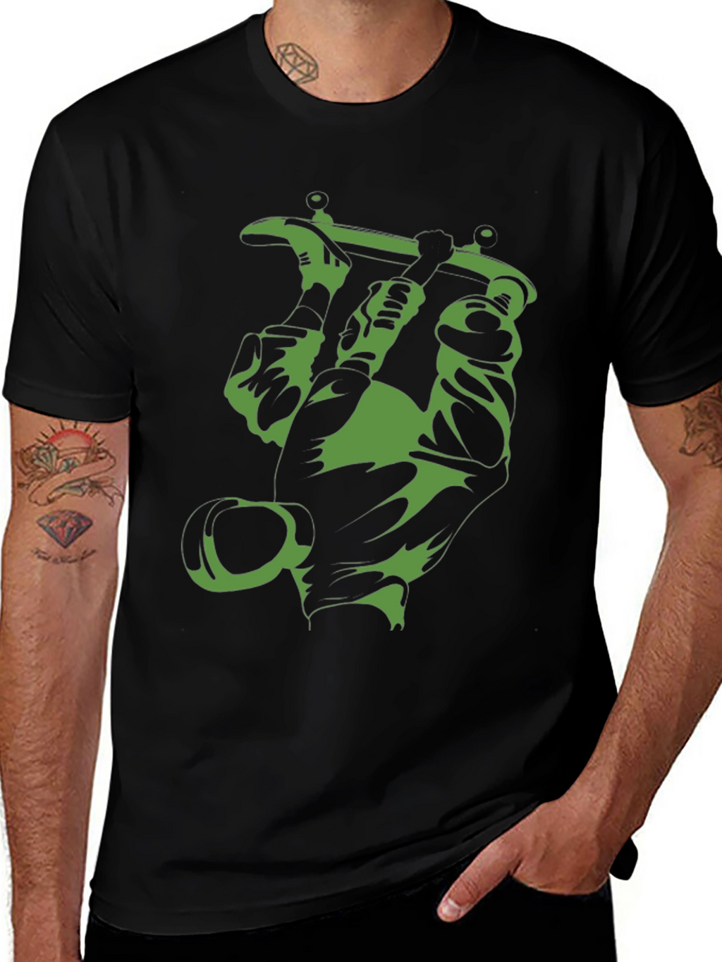 Green Tattoo Machine Graphic Tee - Black Cotton T-Shirt
