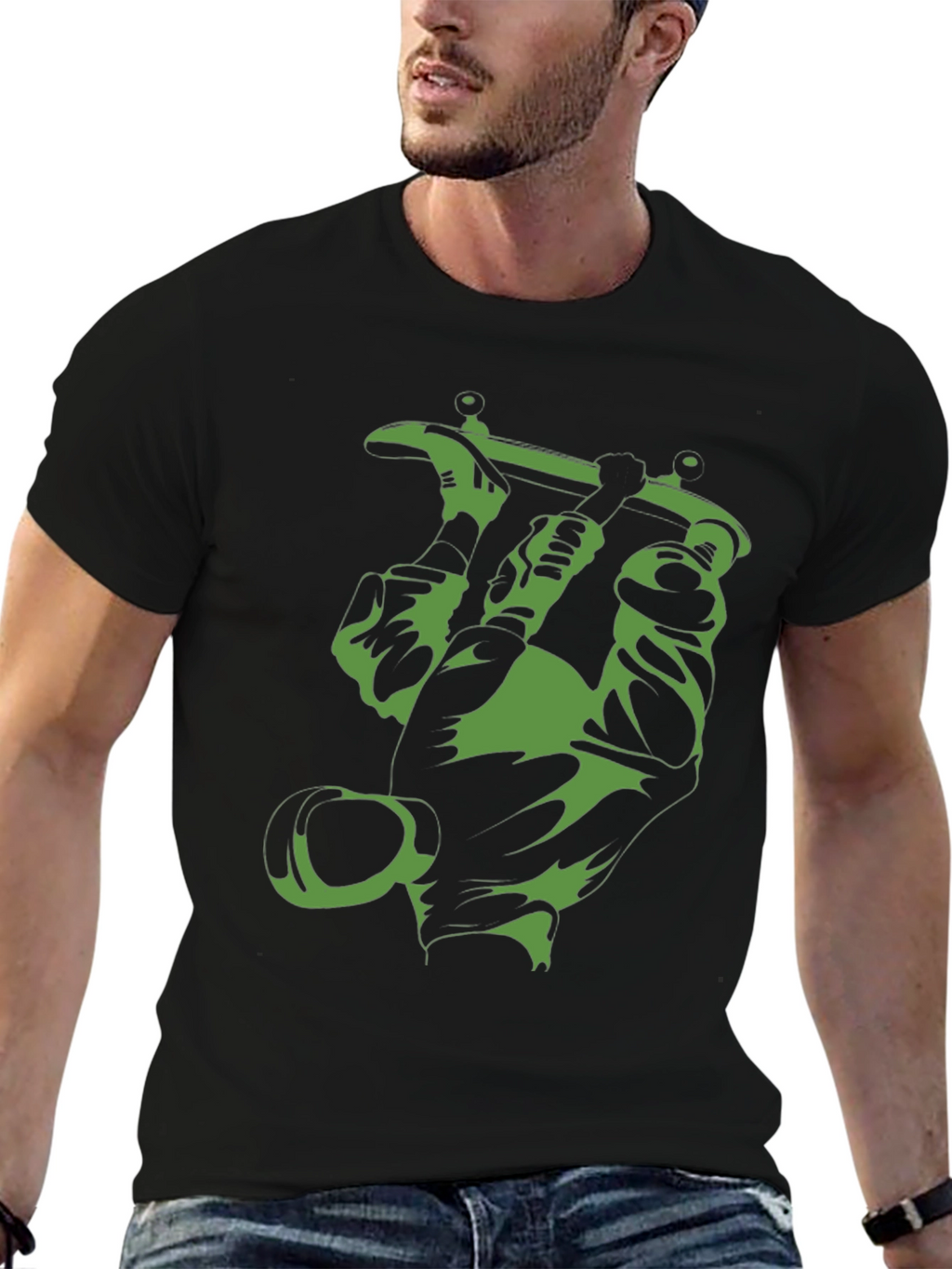 Green Tattoo Machine Graphic Tee - Black Cotton T-Shirt