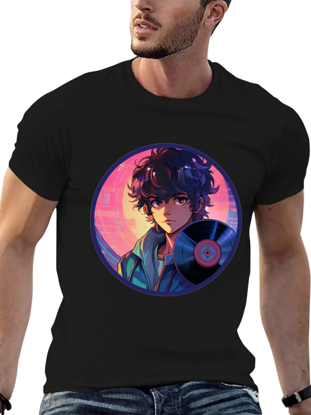 Anime Boy Vinyl Record Retro T-Shirt